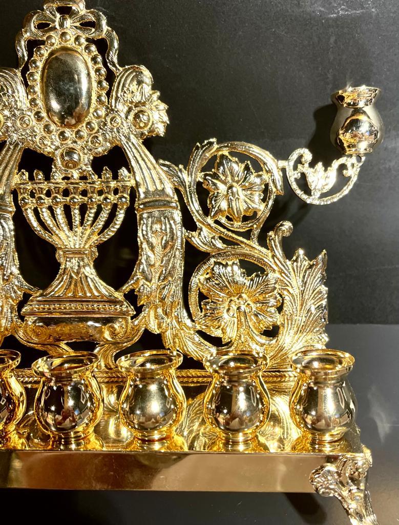 Exceptional 24 Karat Gilded all sterling silver Judaica handcrafted Chanukiah  For Sale 2