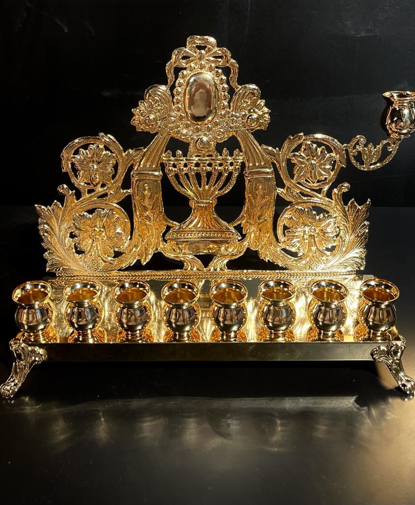 Exceptional 24 Karat Gilded all sterling silver Judaica handcrafted Chanukiah  - Sculpture by Unknown