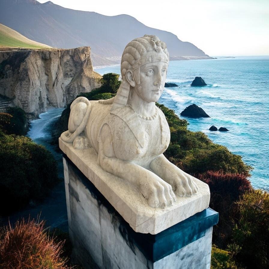  Eccezionale scultura italiana neoclassica Sfinge in marmo di Carrara  Progettata come guardiano d'ingresso, questa mitica sfinge statuaria mostra la testa e il petto di una donna neoclassica e il corpo di un leone reclinato su una base