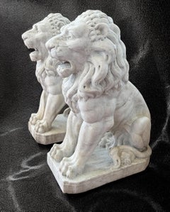 Exceptional Pair of Italian Neoclassical Leons Carrara Marble Statues