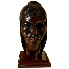Vintage Exotic Indian Art Deco Sculpted Head in Wood by Arias