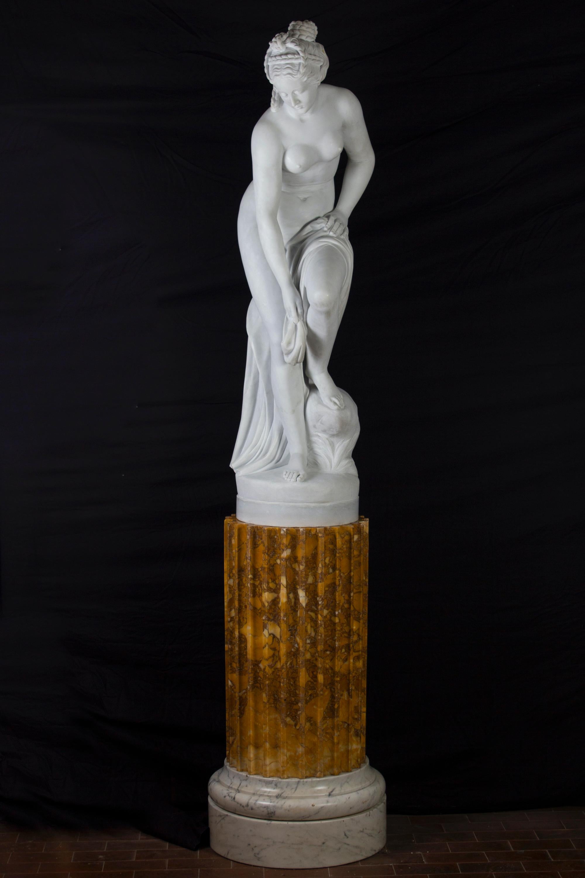 
Late 19th century French finely carved white Carrara marble figure of Bathing Venus  . The marble base is not included in the price. 
AFTER CHRISTOPHE-GABRIEL ALLEGRAIN (FRENCH, 1710-1795): A 19TH CENTURY MARBLE FIGURE OF VENUS SORTANT DU BAIN the