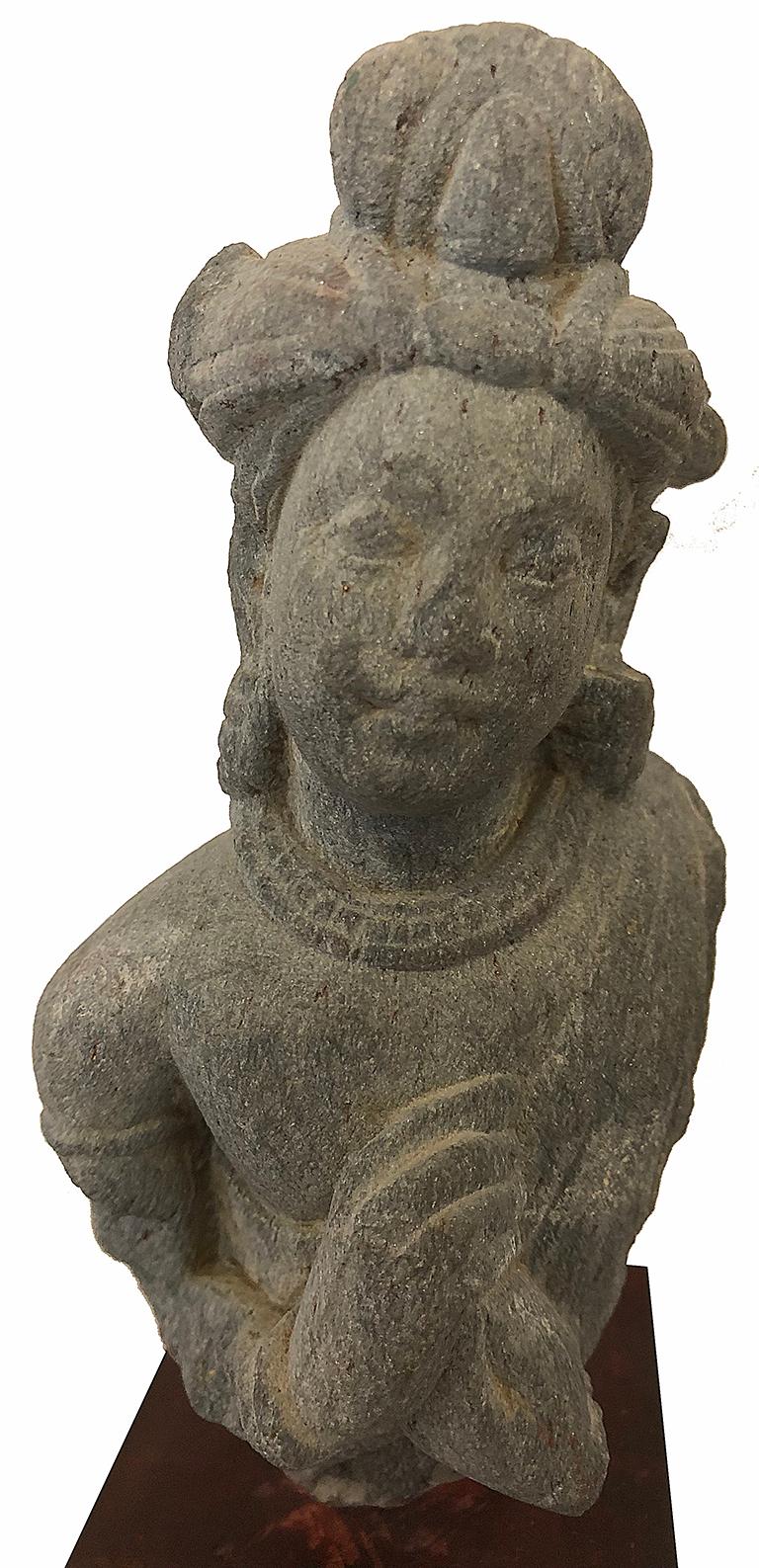 Female Figure (A devotee with jewelled headdress, necklace; folded hands)  - Black Figurative Sculpture by Unknown
