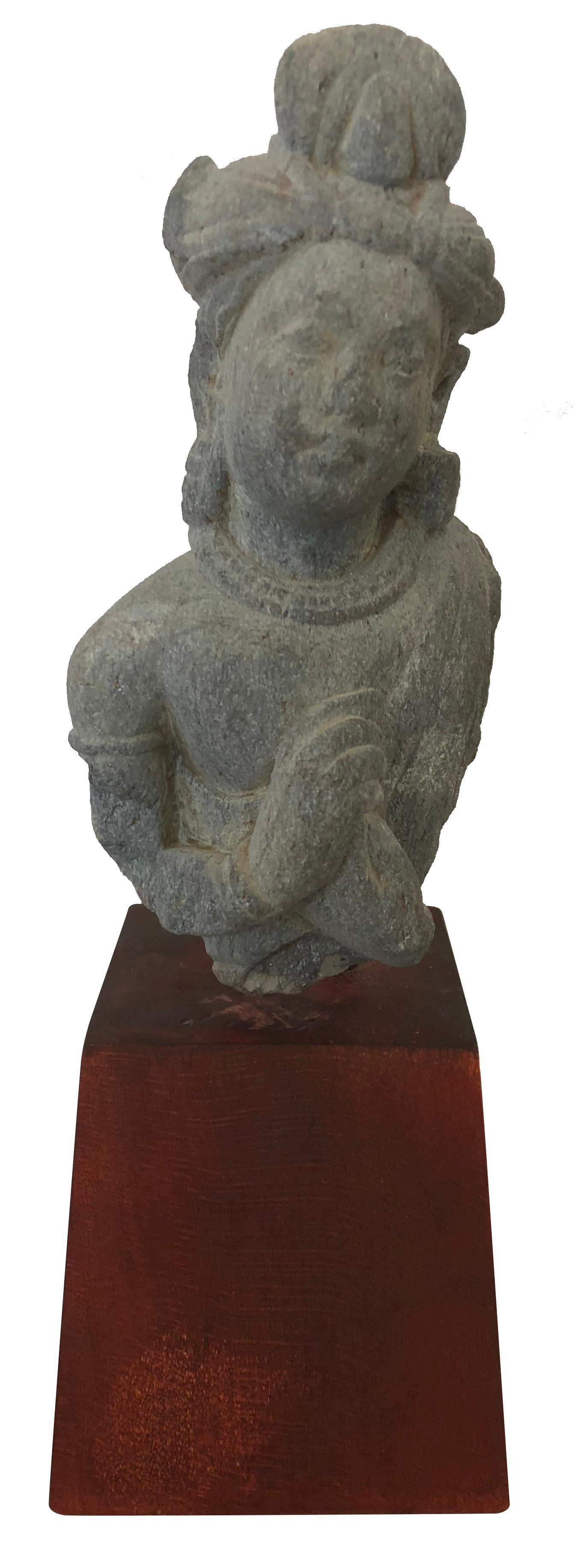 Unknown Figurative Sculpture - Female Figure (A devotee with jewelled headdress, necklace; folded hands) 