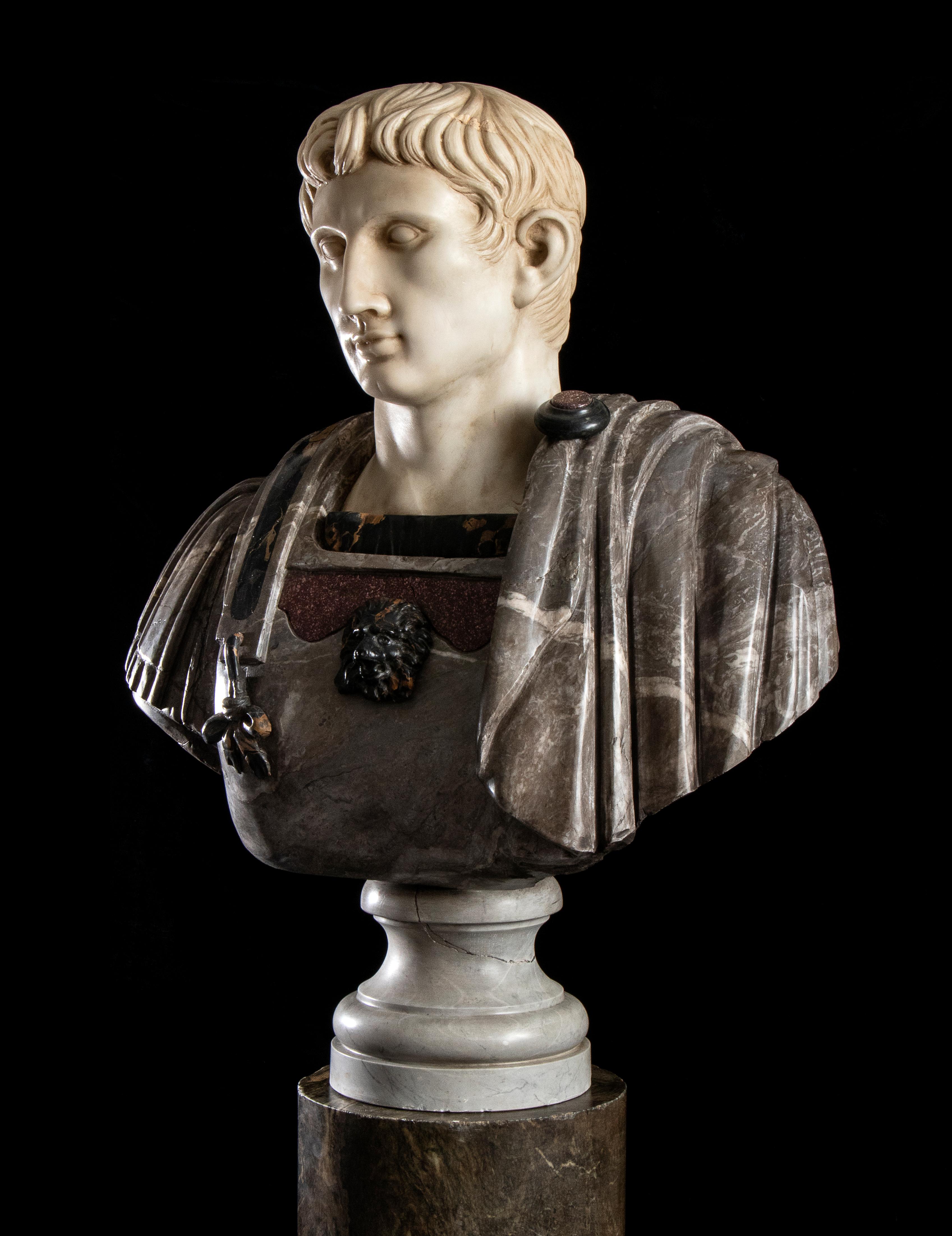 Figurative Sculpture Marble Polychrome Portrait Bust Emperor Augustus Roman  9