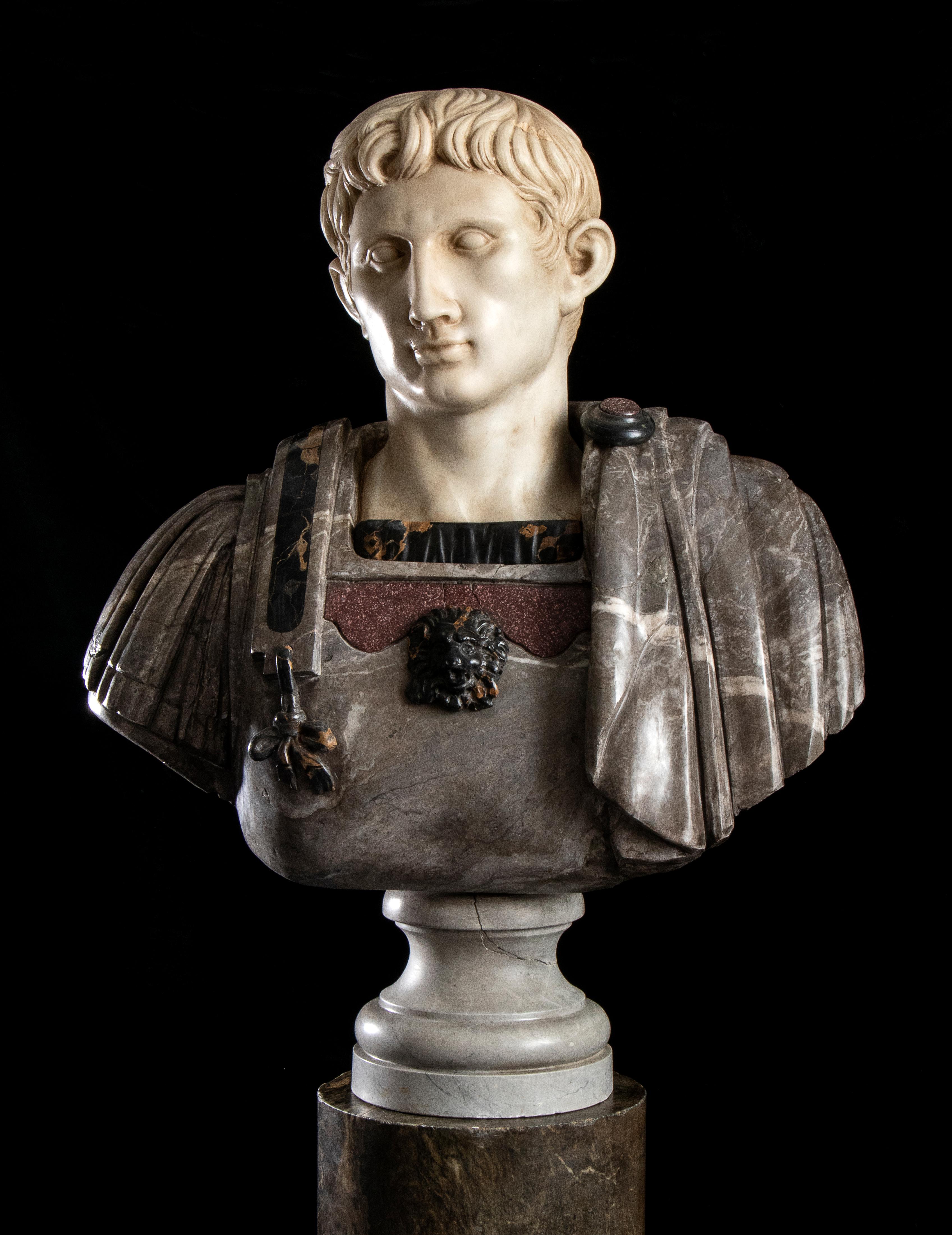 Figurative Sculpture Marble Polychrome Portrait Bust Emperor Augustus Roman  10