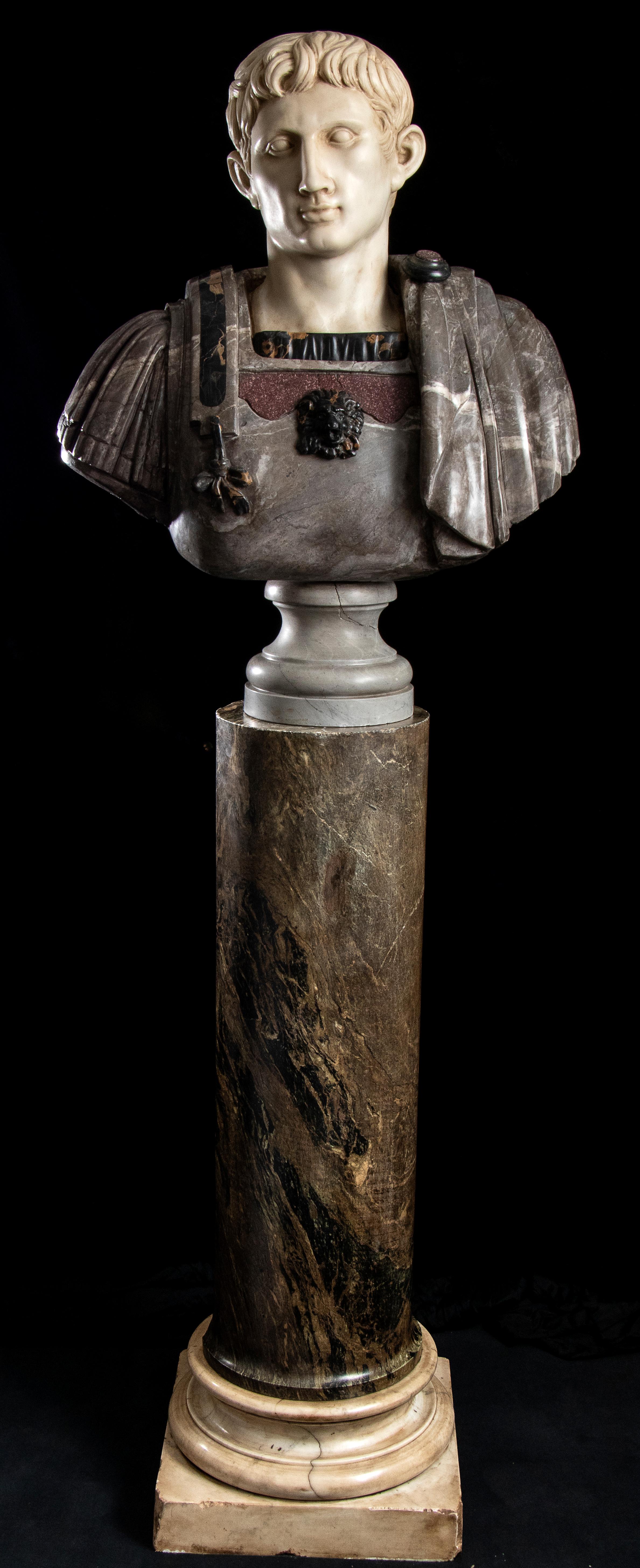 Figurative Sculpture Marble Polychrome Portrait Bust Emperor Augustus Roman  13