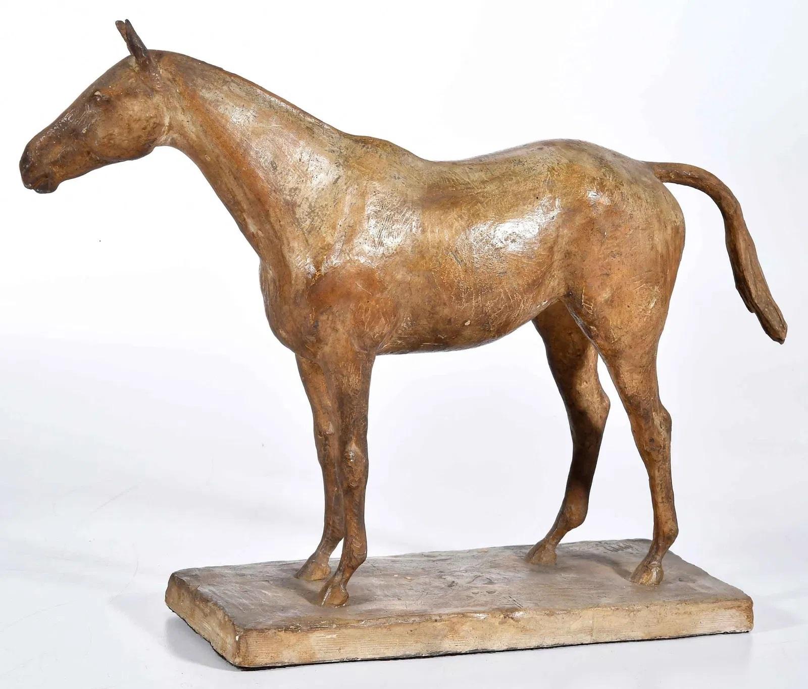 a very fine Model Sculpture of a standing horse , finely rendered in patinated plaster, signed ‘MMM’ and dated 30 , w. rich burnished patina.
Its quality and elegance are reminiscent of the best 19th cent. French 'animalier' works by such artists as