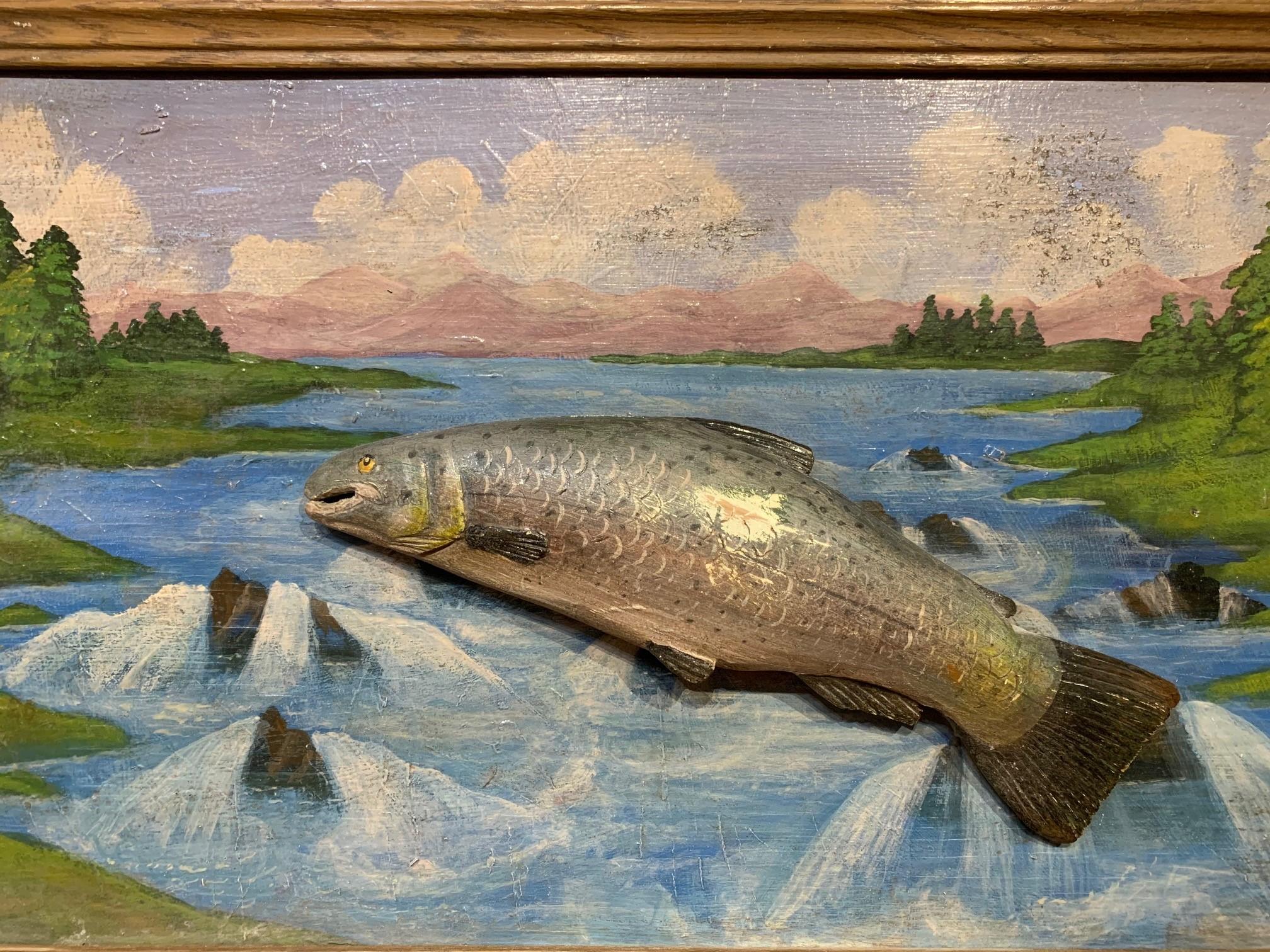 Folk Art Painted Diorama of Trout - Sculpture by Unknown