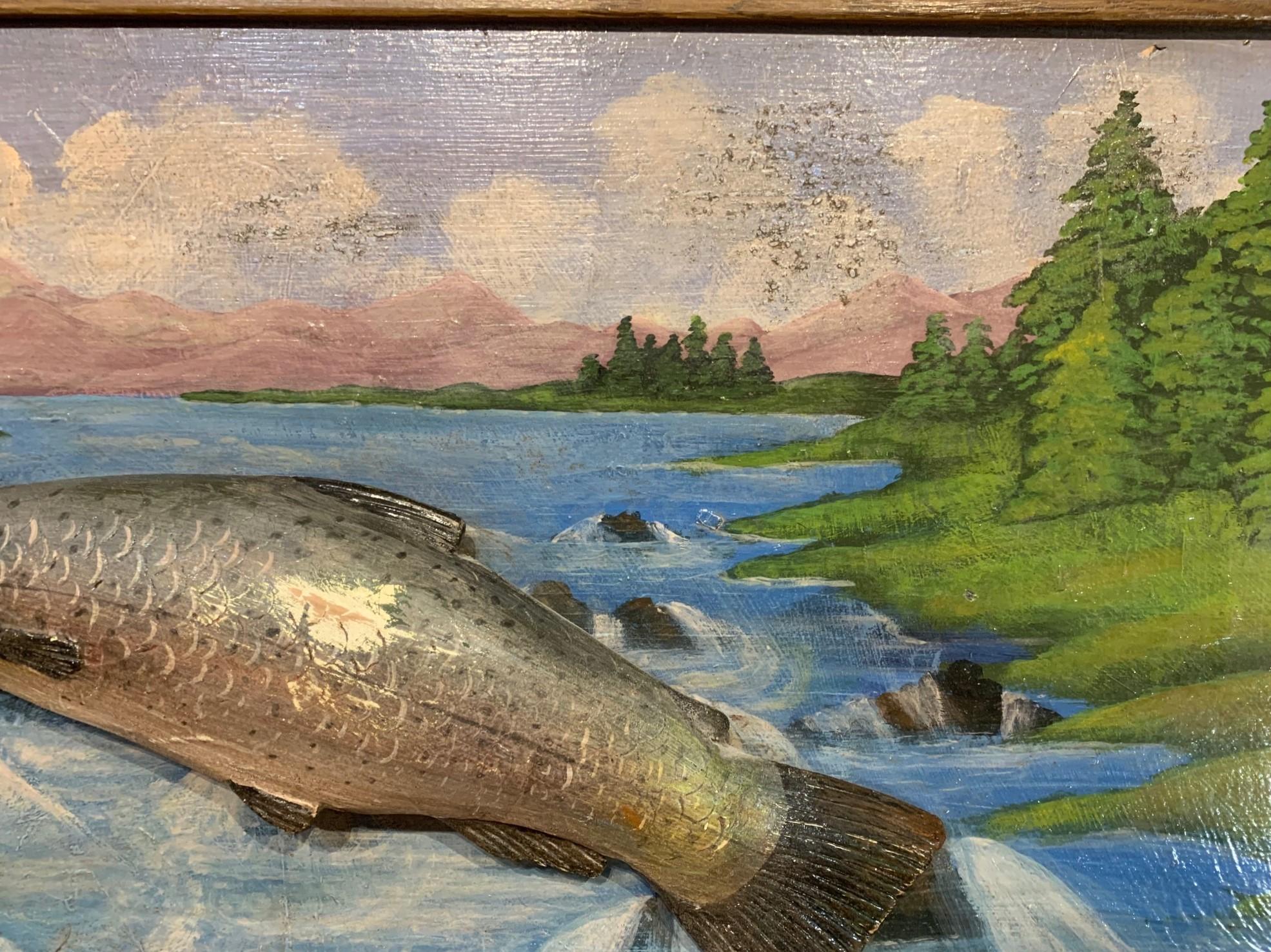 Folk Art Painted Diorama of Trout - Gray Figurative Sculpture by Unknown