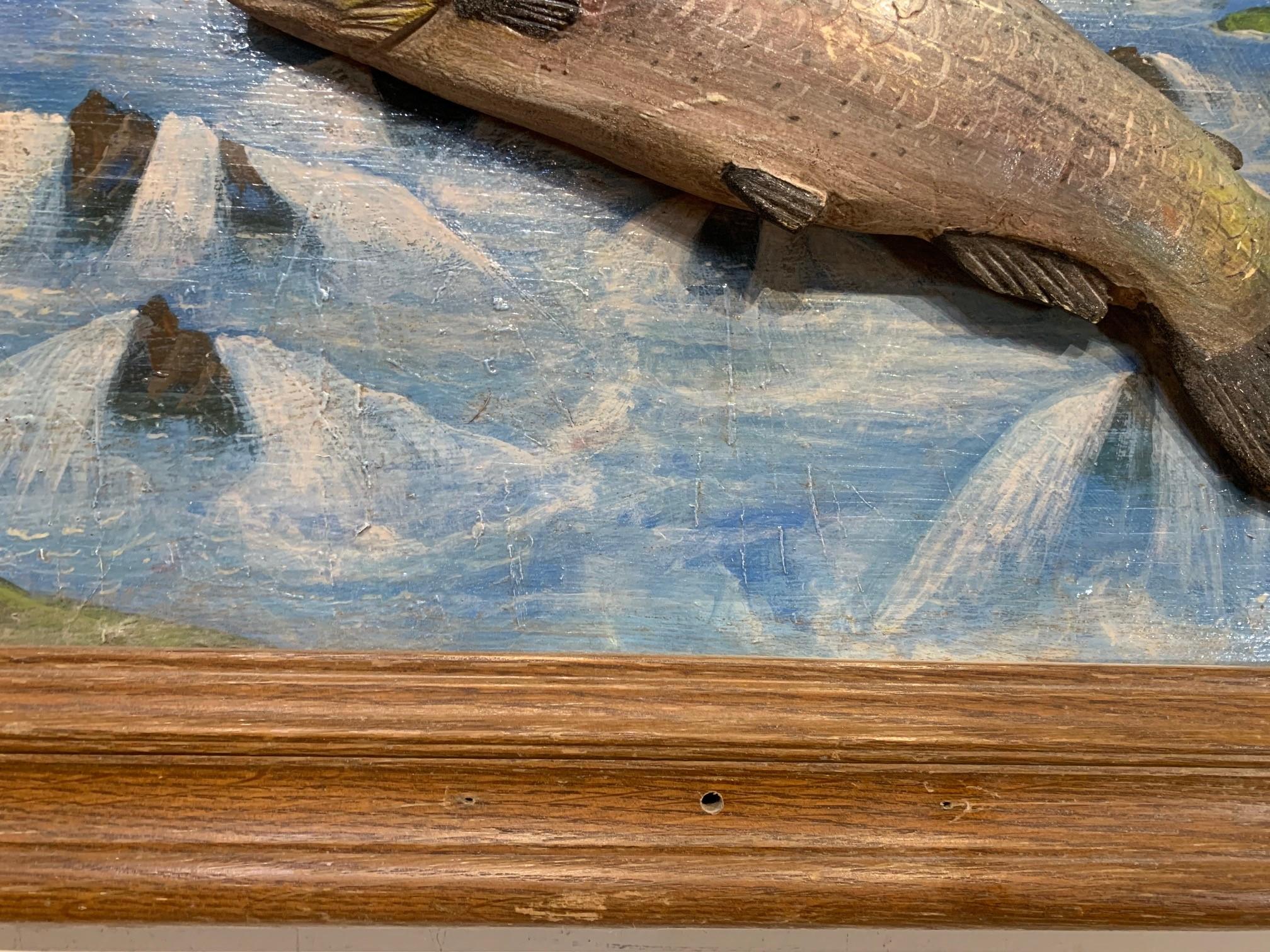 Folk Art Painted Diorama of Trout mounted in old oak frame, unknown artist.  Note the trout is in relief.  Please see photos for details and wear, there is some oxidation on the frame and a hole bottom center. 