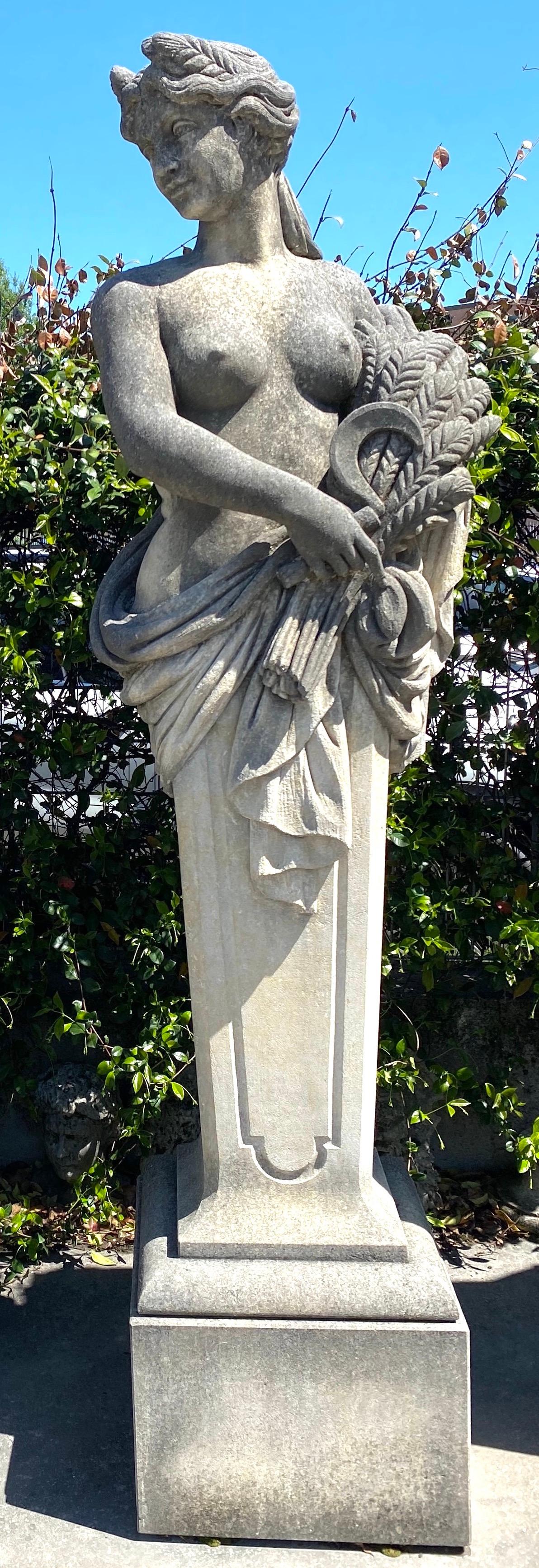 Four Caryatids sculptures with classically draped  figures and their distinguishing symbols. Autumn, winter, spring and summer. Measures: Height  with square form bases cm 220.
 Timeless decoration for your garden or interior.
