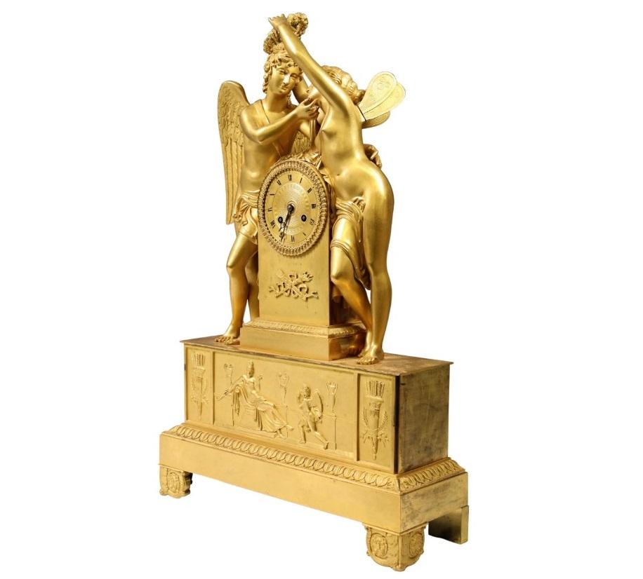 French Empire Cupid & Psyche Clock - Gold Nude Sculpture by Unknown