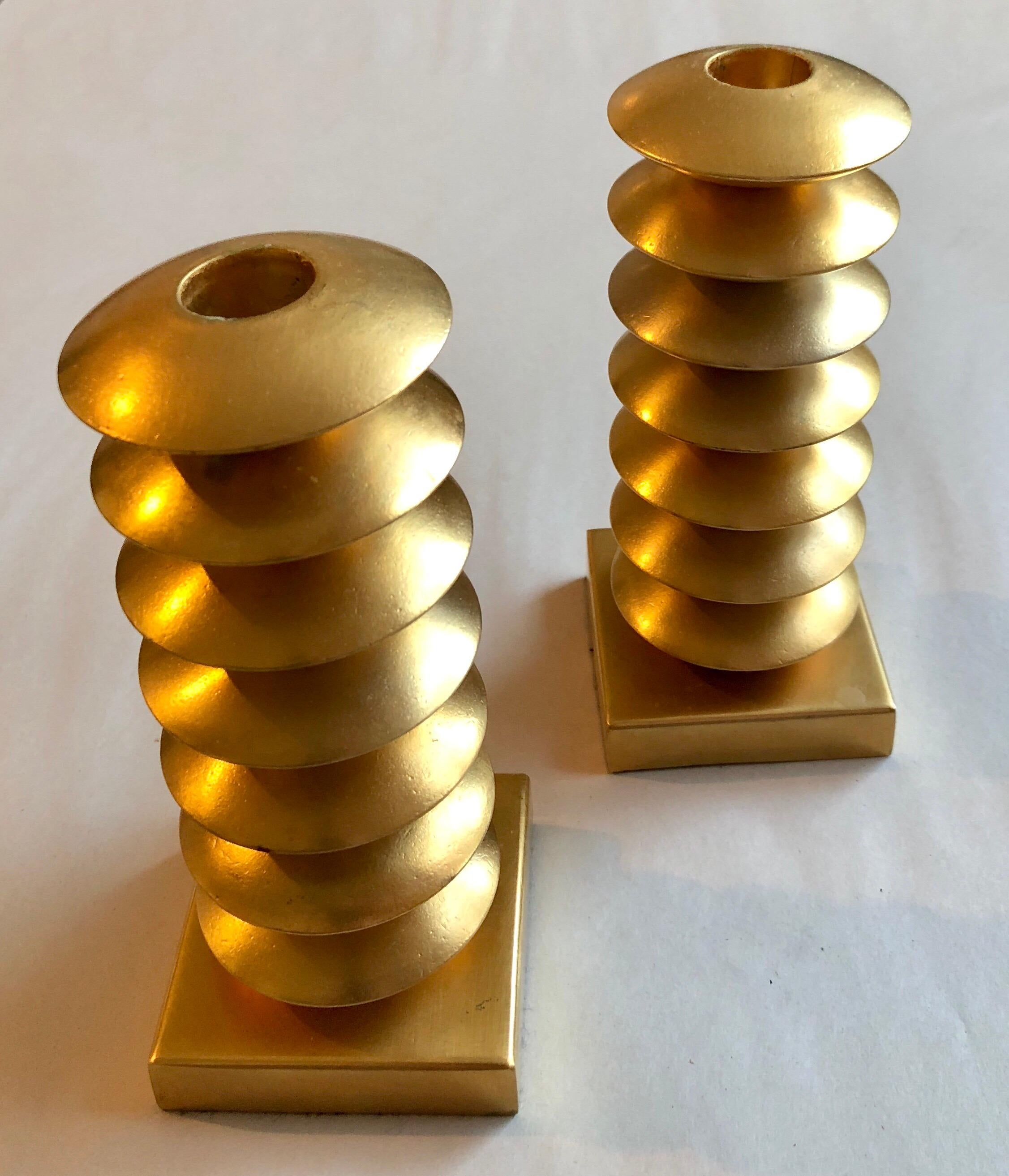 French Gilt Gold Sculpture Sputnik Space Age Post Modern Pair Candlesticks 1
