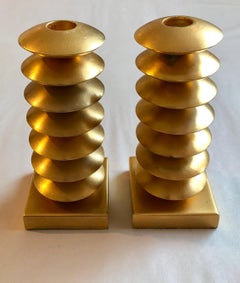 Retro French Gilt Gold Sculpture Sputnik Space Age Post Modern Pair Candlesticks