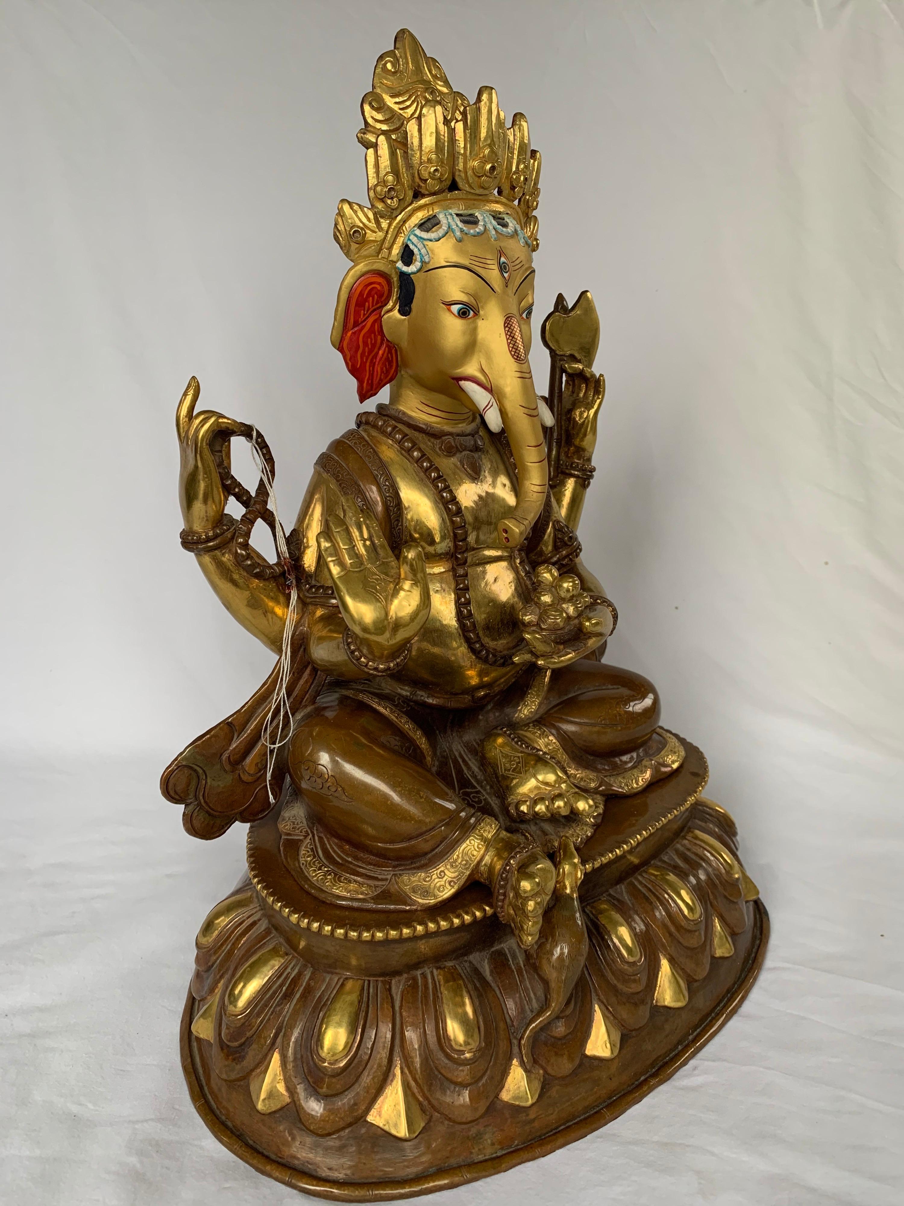  Ganesha Statue with 24 Carat Gold Handcrafted by Lost Wax Process - Brown Figurative Sculpture by Unknown