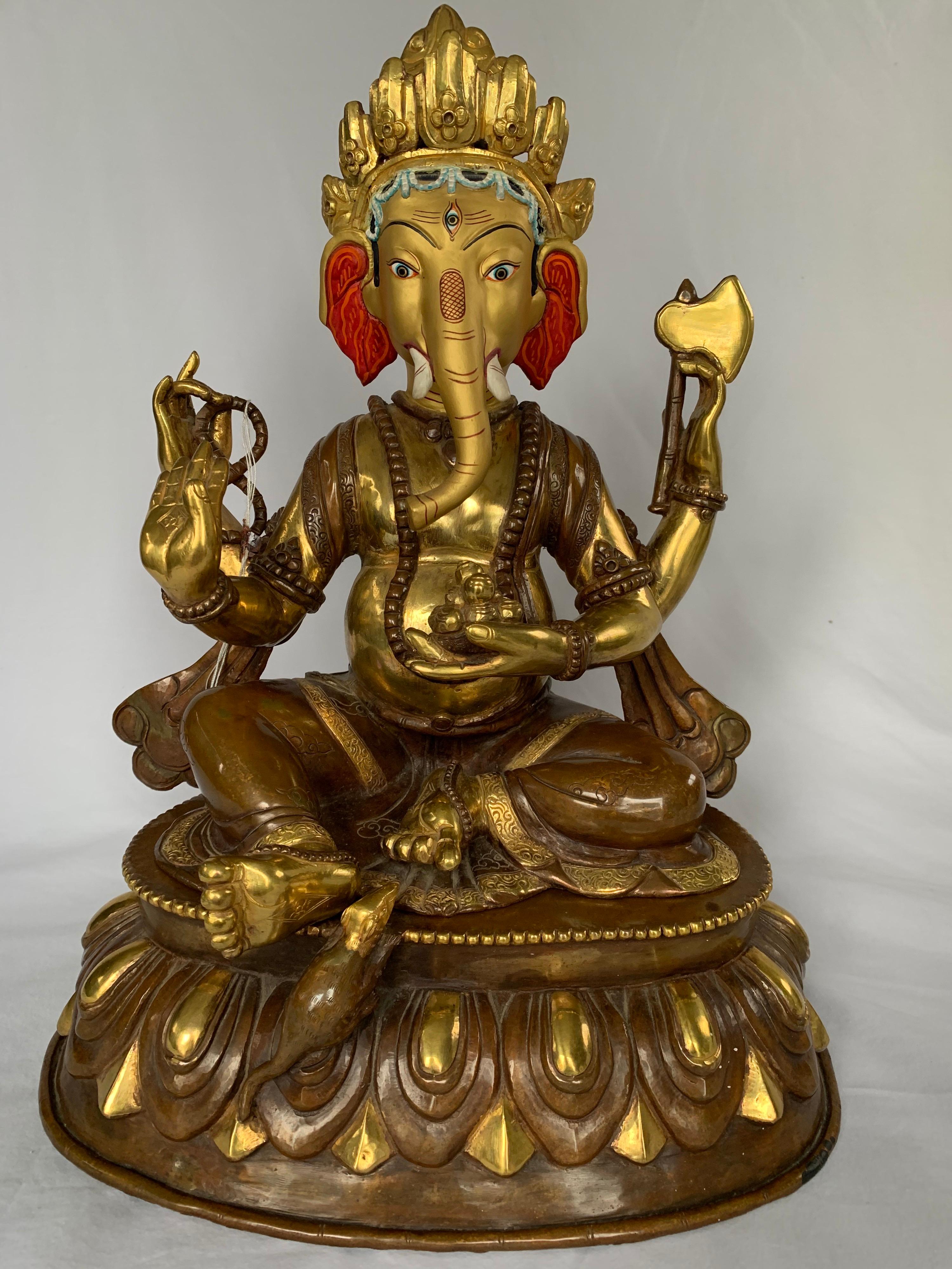  Statue de Ganesh avec or 24 carats fabriquée à la main par procédé de la cire perdue