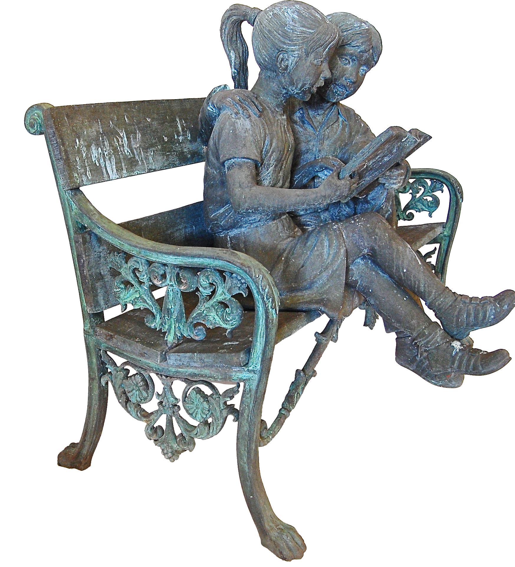 Bronze Garden Bench with Children Reading Book
Vintage life size bronze garden bench with children in two separate pieces.
  36H  46W, and 24D.
Signed illegibly, the children can be detached and be displayed separately.  Wonderful details and an old