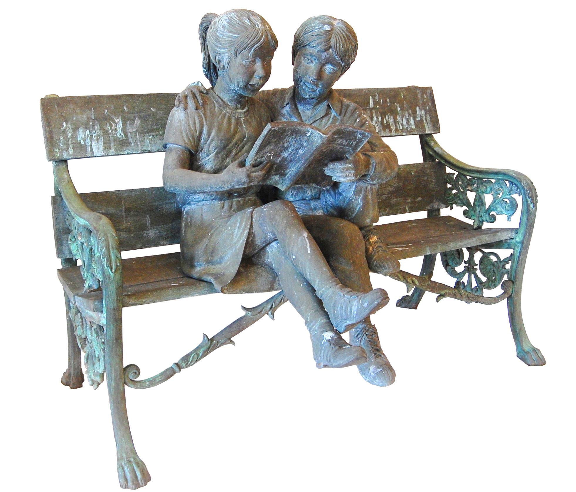 Unknown Figurative Sculpture -  Two Children Sitting On The Bench Garden Sculpture