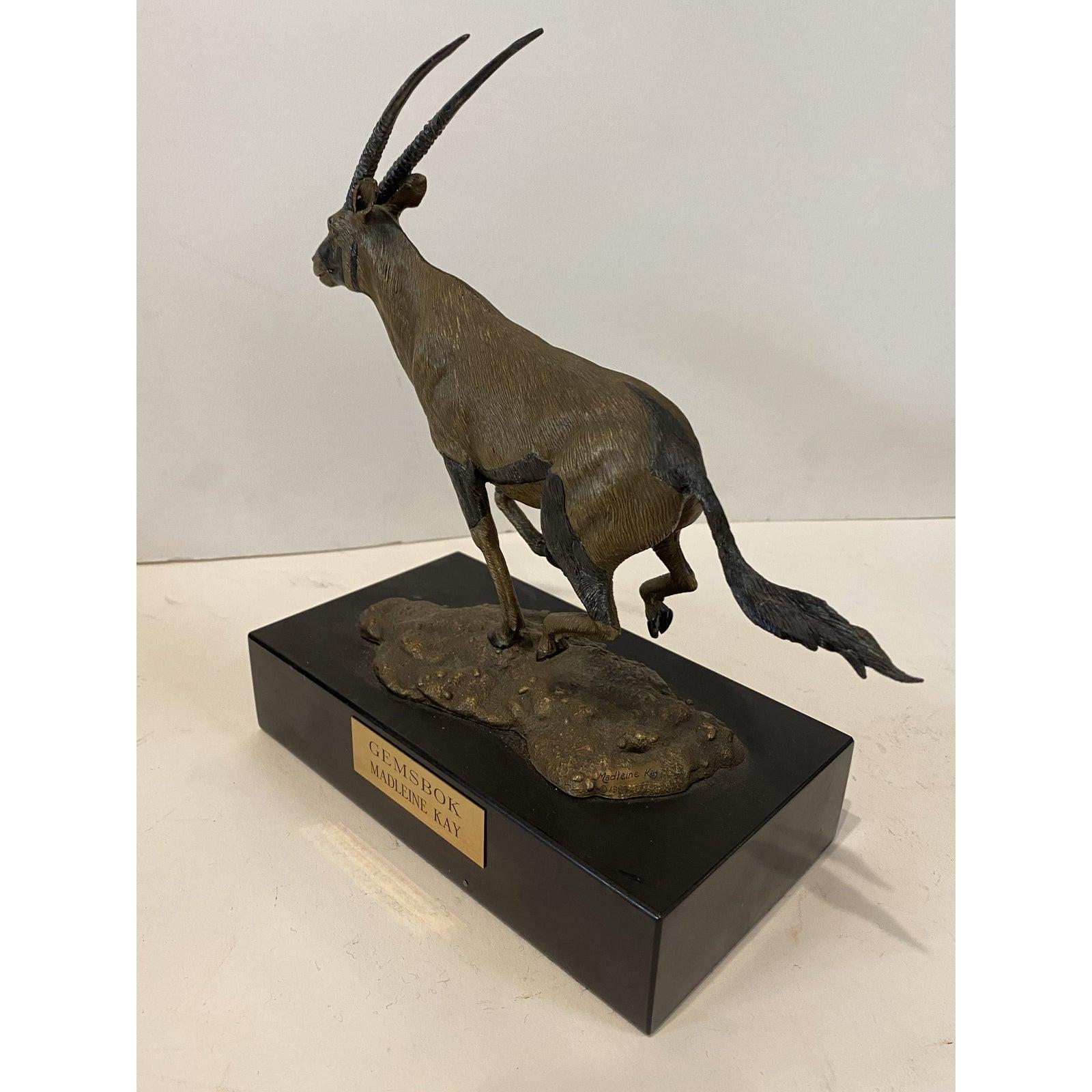 1980s Gemsbok African Running Antelope Gilded Bronze original Statue signed by Madleine Kay

So artistic piece of job for medium size statue whole body of antelope Standing on one of his feet the shape of running and has a kind of emotion and