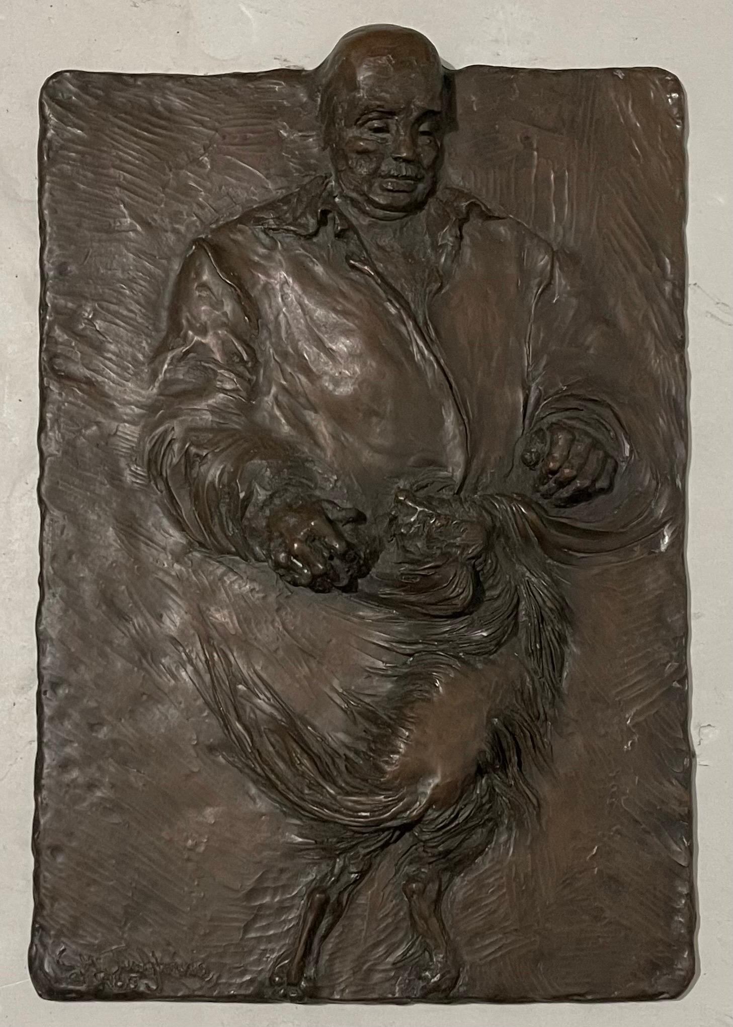 German Expressionist Bronze Relief Plaque Mans Best Friend, a Man and His Dog For Sale 6