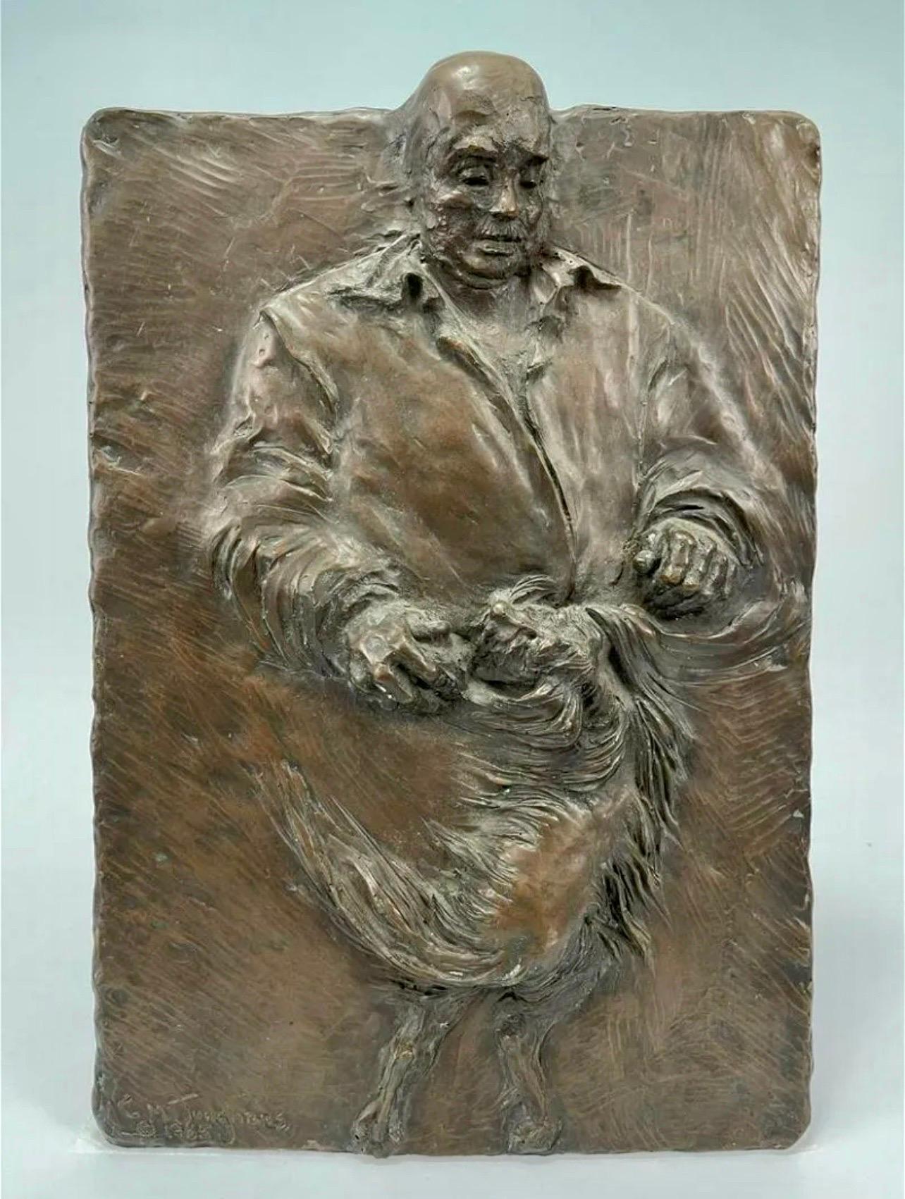 German Expressionist Bronze Relief Plaque Mans Best Friend, a Man and His Dog - Sculpture by Unknown