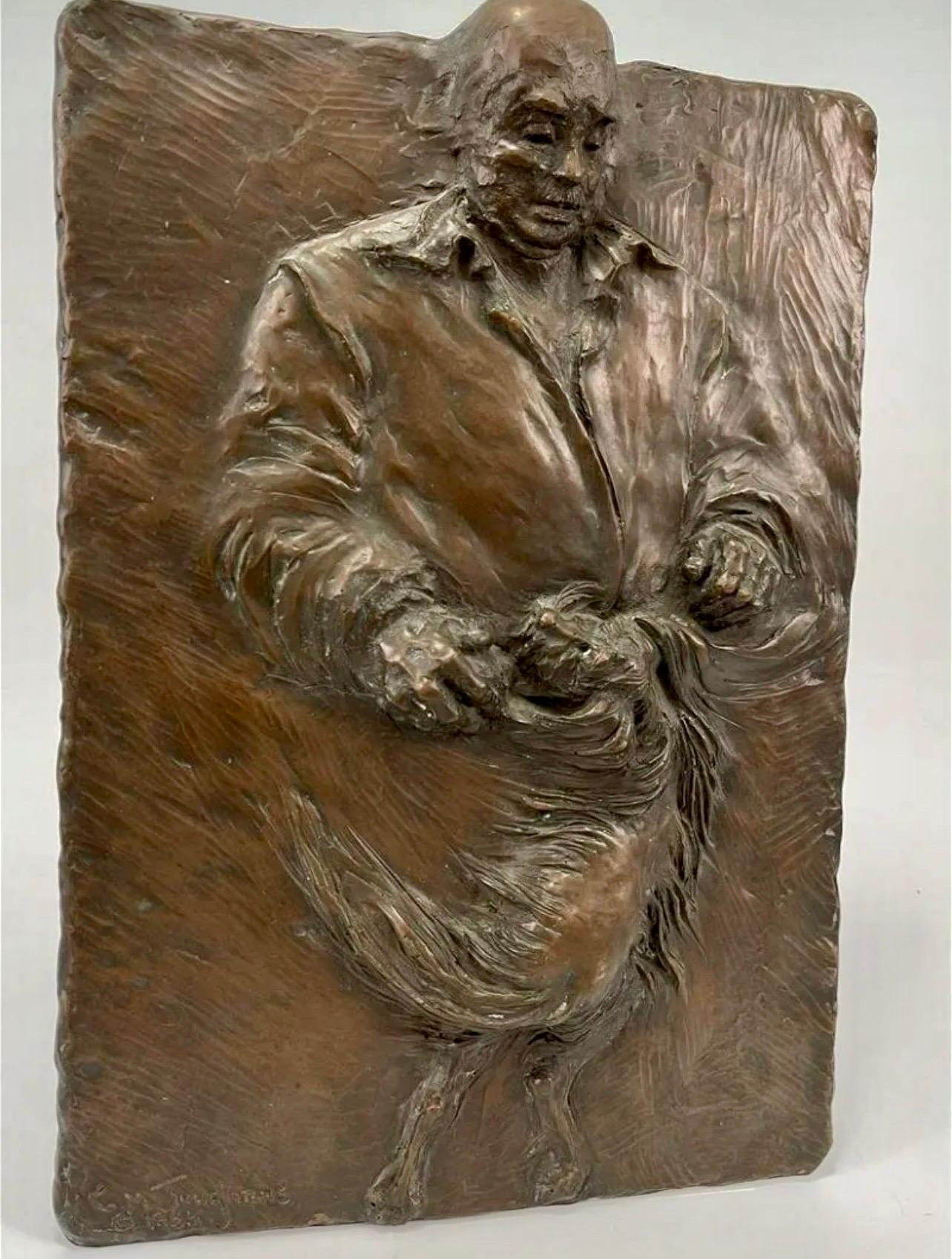 Unknown Figurative Sculpture - German Expressionist Bronze Relief Plaque Mans Best Friend, a Man and His Dog