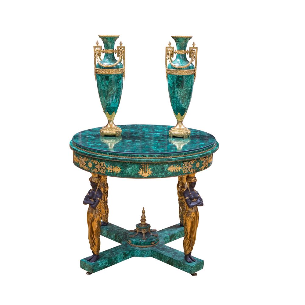 Gilded Bronze 
Malachite Table with Vases - Art by Unknown