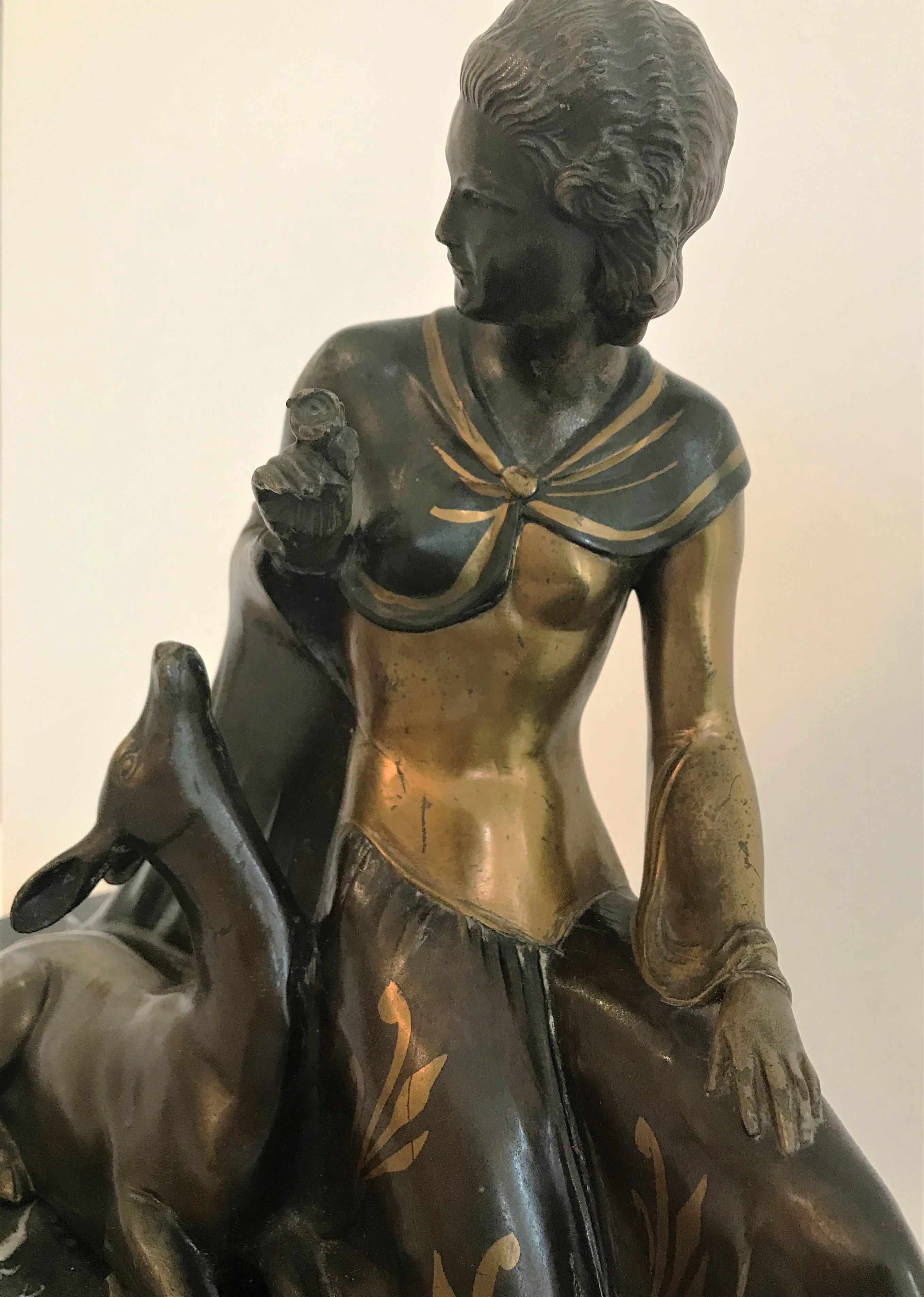Girl with Rose and Deer - Gold, Marble, Bronze, Figurative Sculpture, Art Deco For Sale 3