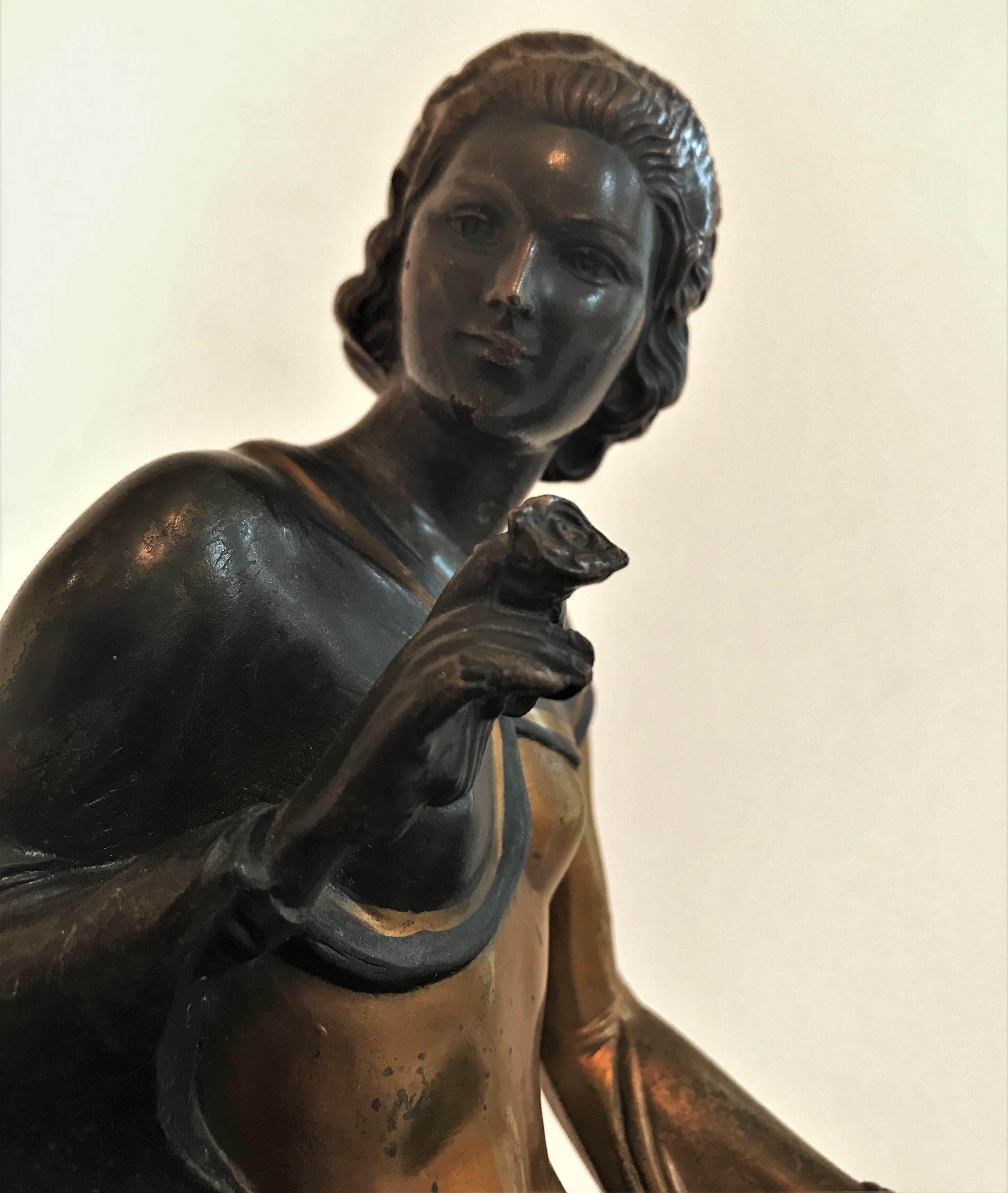 Girl with Rose and Deer - Gold, Marble, Bronze, Figurative Sculpture, Art Deco For Sale 1