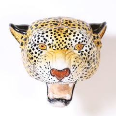 Vintage Glazed Terra Cotta Big Cat Sculptural Wall Mount