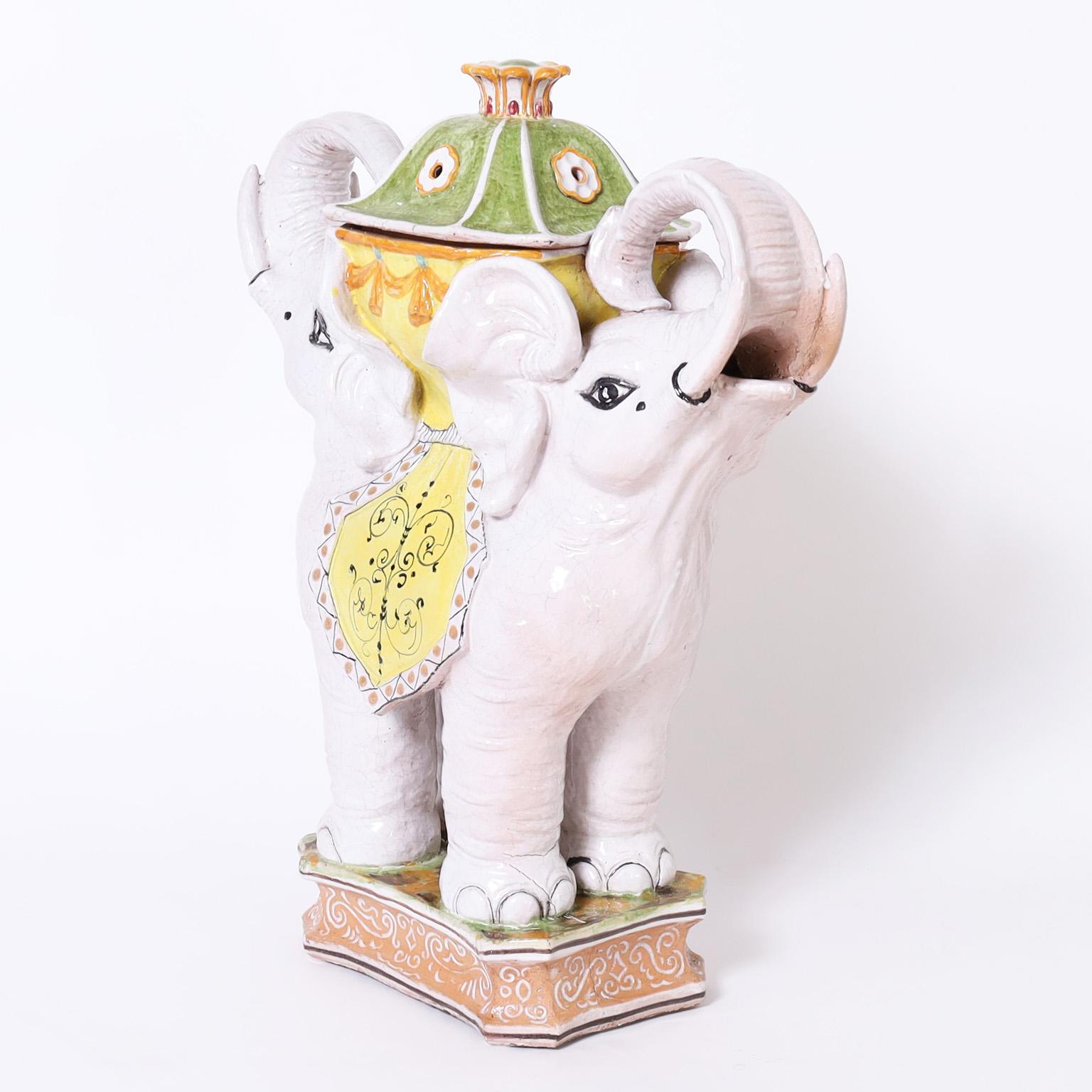 Glazed Terra Cotta Elephant Stand - Gray Figurative Sculpture by Unknown