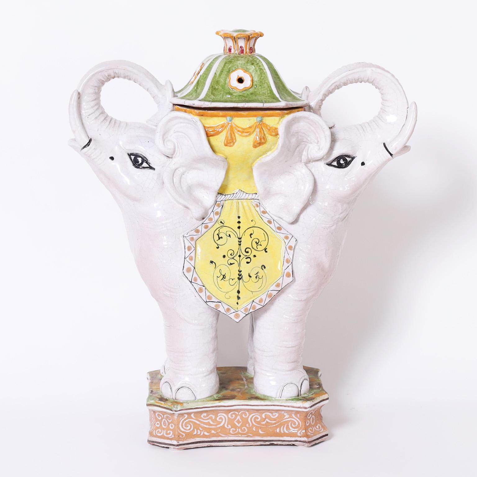 Unknown Figurative Sculpture - Glazed Terra Cotta Elephant Stand