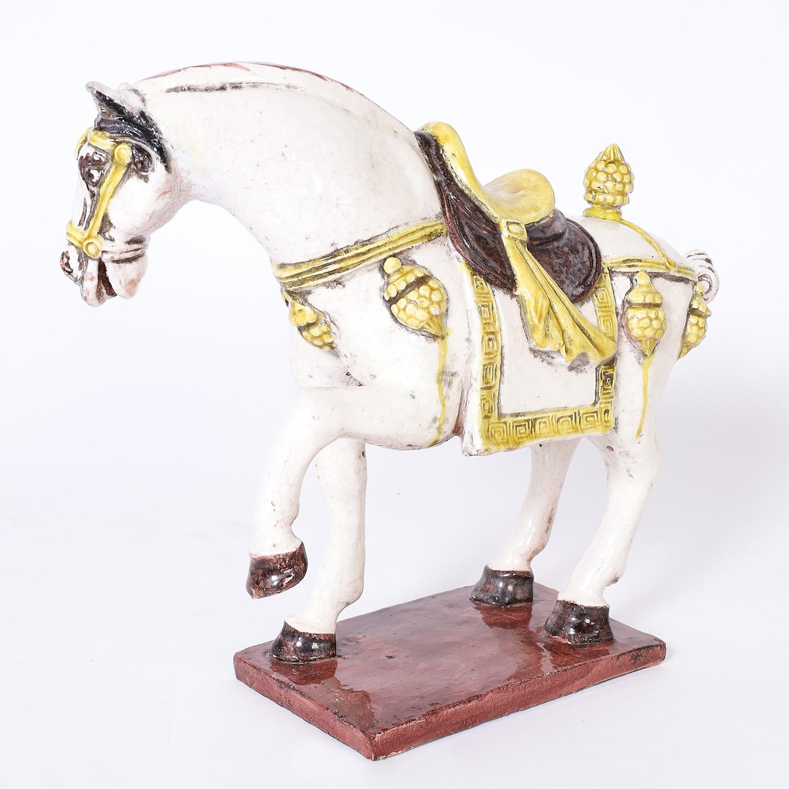 Glazed Terra Cotta Prancing Horse Sculpture For Sale 1