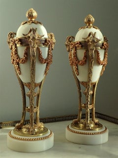  Gorgeous Pair Of Ormolu And White Marble Cassolettes