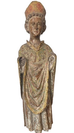 Sculpture chrétienne gothique médiévale : jeune évêque souriant, sculpture française