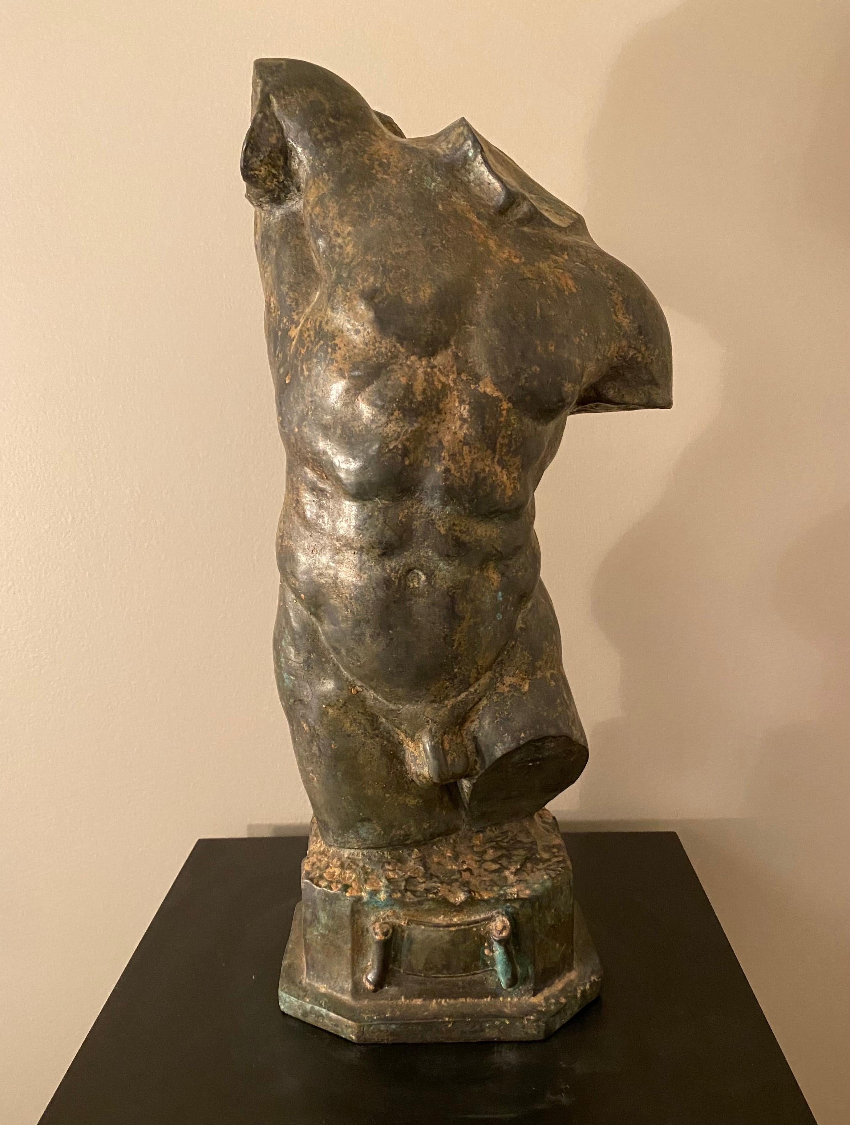 Greco Roman Bronze Male Torso Nude - Gold Nude Sculpture by Unknown