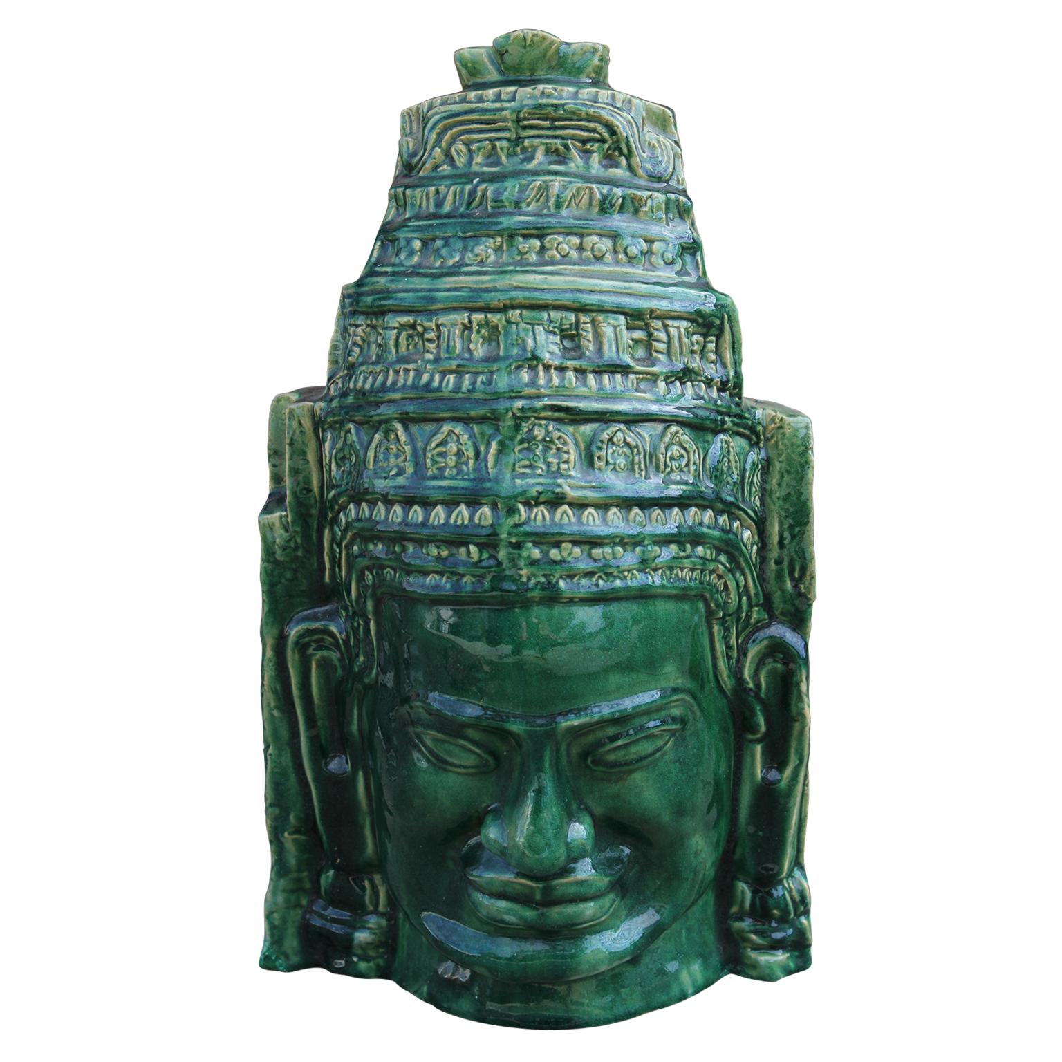 Unknown Figurative Sculpture - Green Cambodian Angkor Wat Mask Clay Sculpture