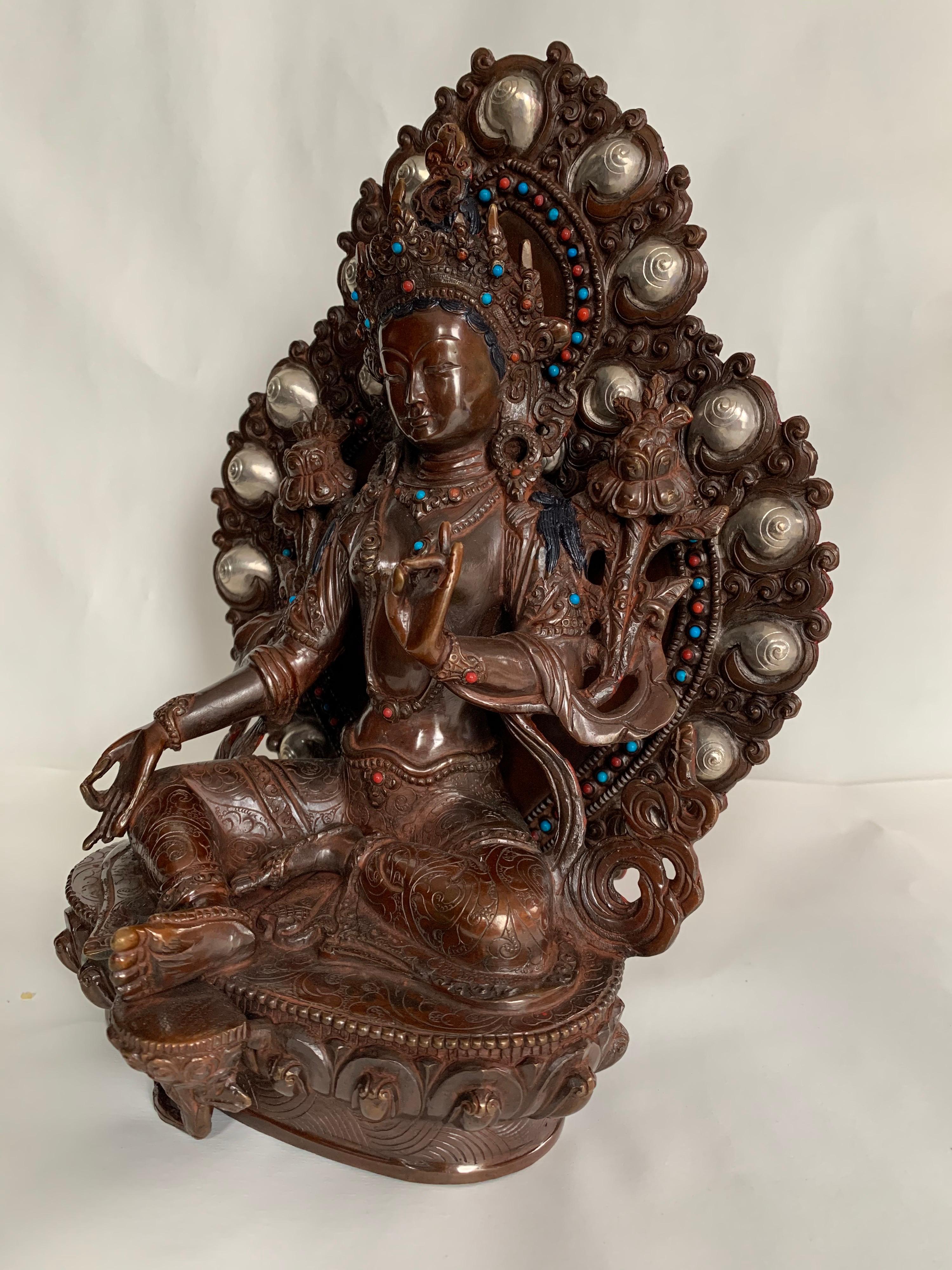 Green Tara Statue 10 Inch with Silver Handcrafted by Lost Wax Process - Sculpture by Unknown