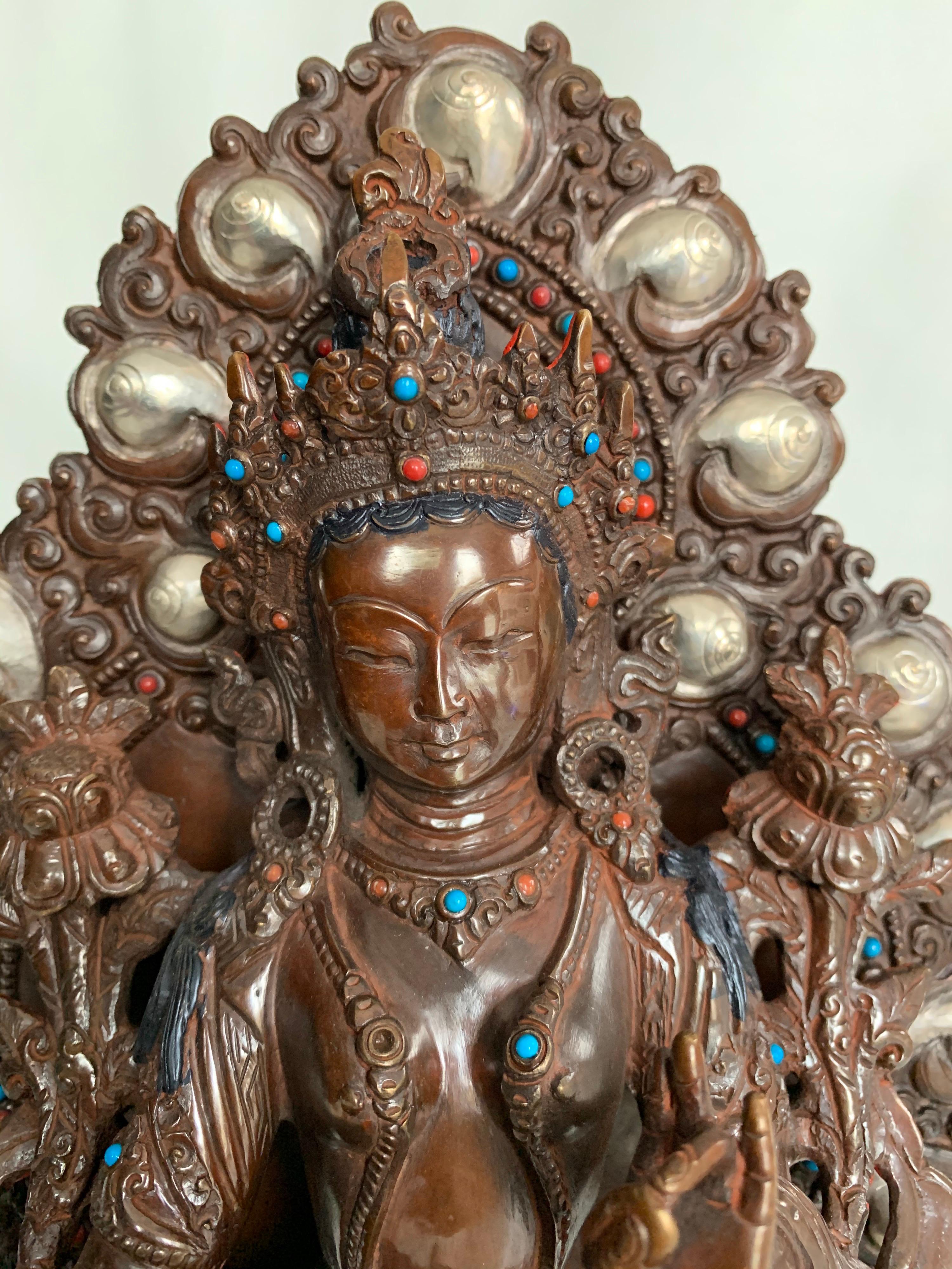 Green Tara Statue 10 Inch with Silver Handcrafted by Lost Wax Process - Other Art Style Sculpture by Unknown