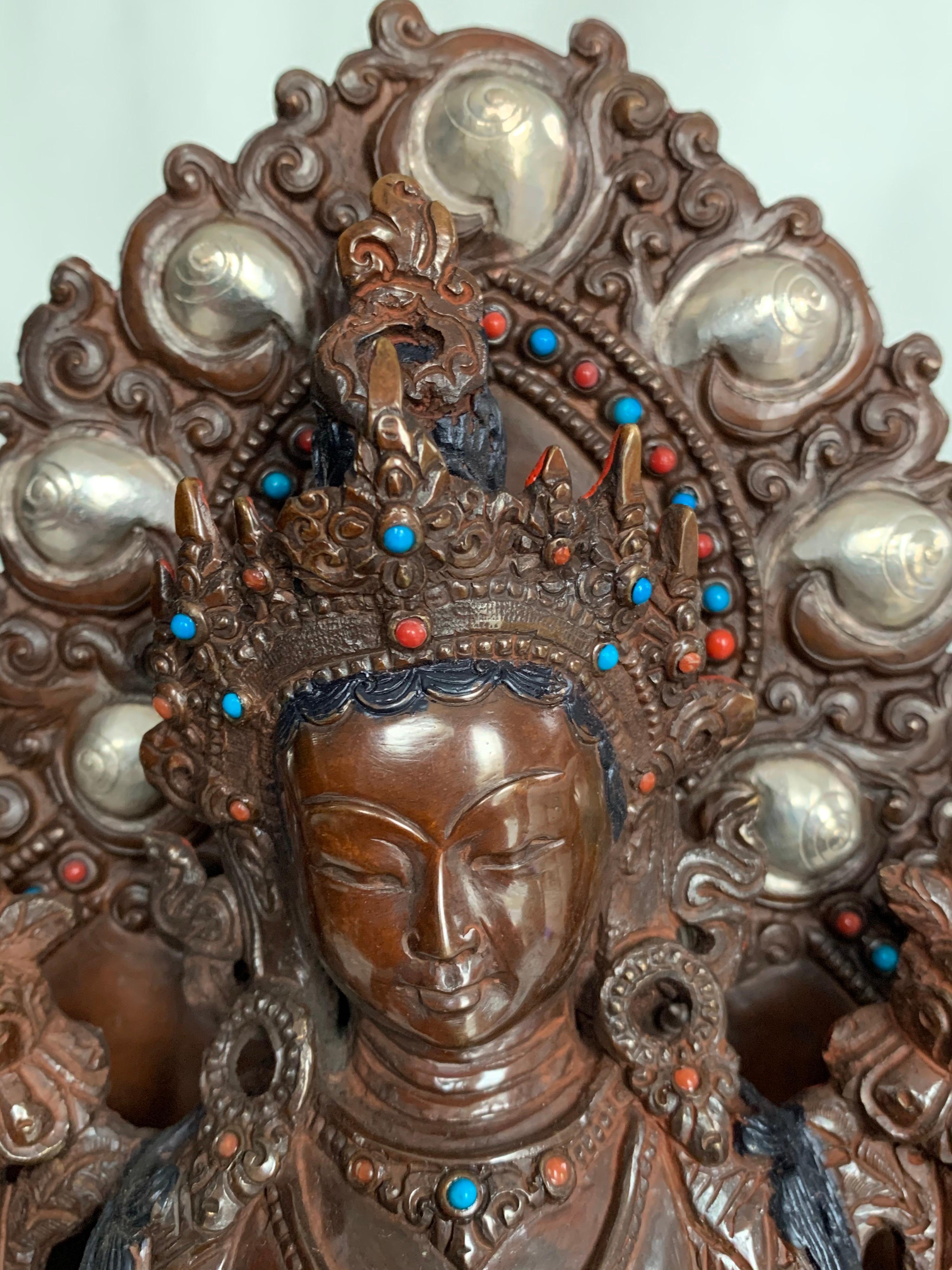 Green Tara Statue 10 Inch with Silver Handcrafted by Lost Wax Process For Sale 1