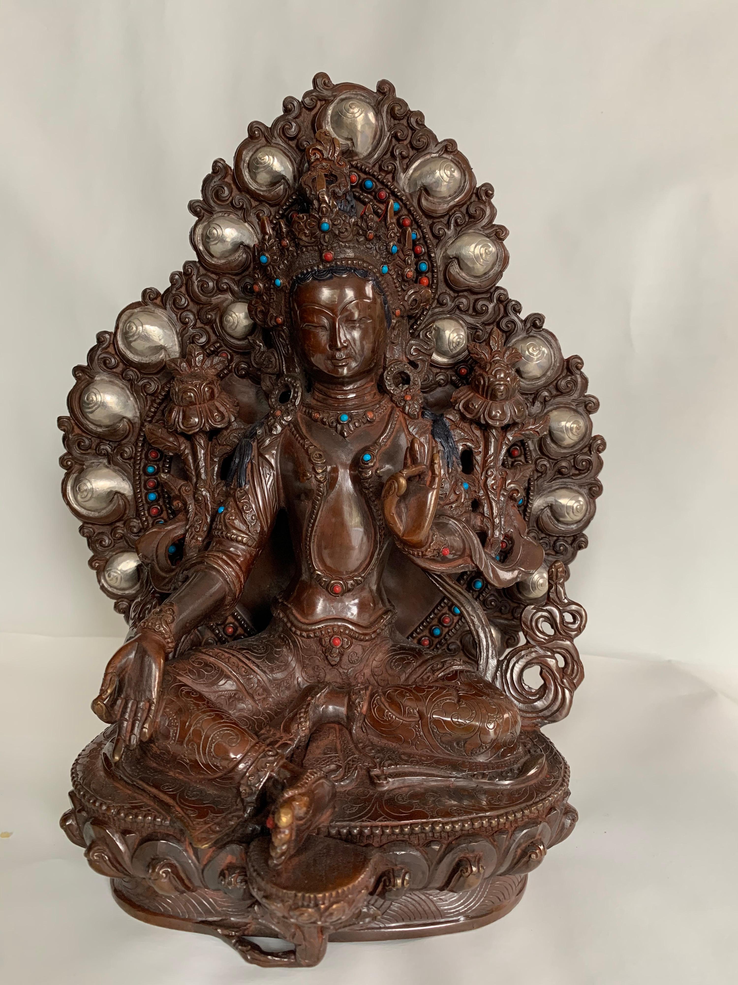 Unknown Figurative Sculpture - Green Tara Statue 10 Inch with Silver Handcrafted by Lost Wax Process