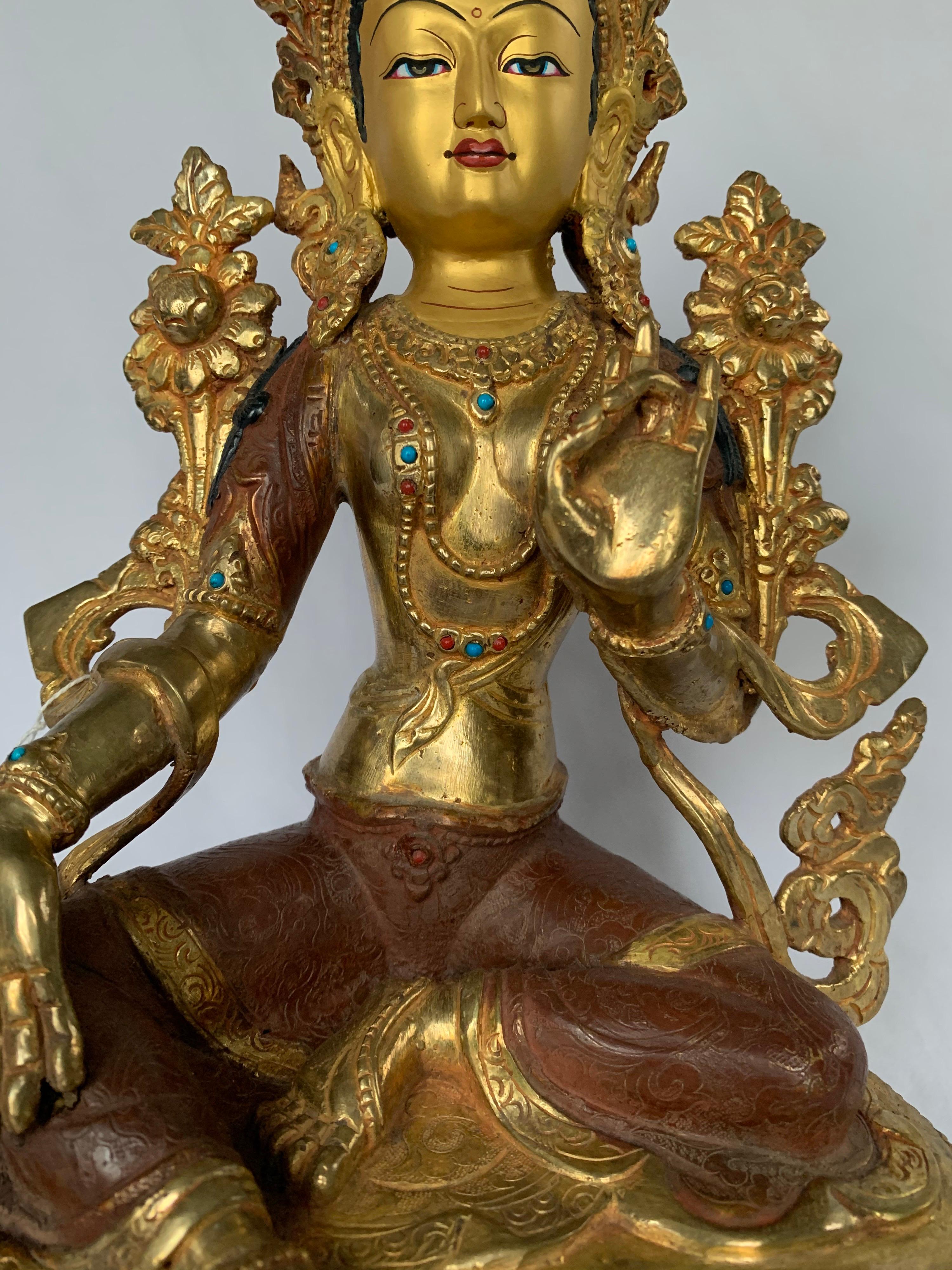 Green Tara Statue 12.5 Inch with 24K Gold Handcrafted by Lost Wax Process For Sale 2