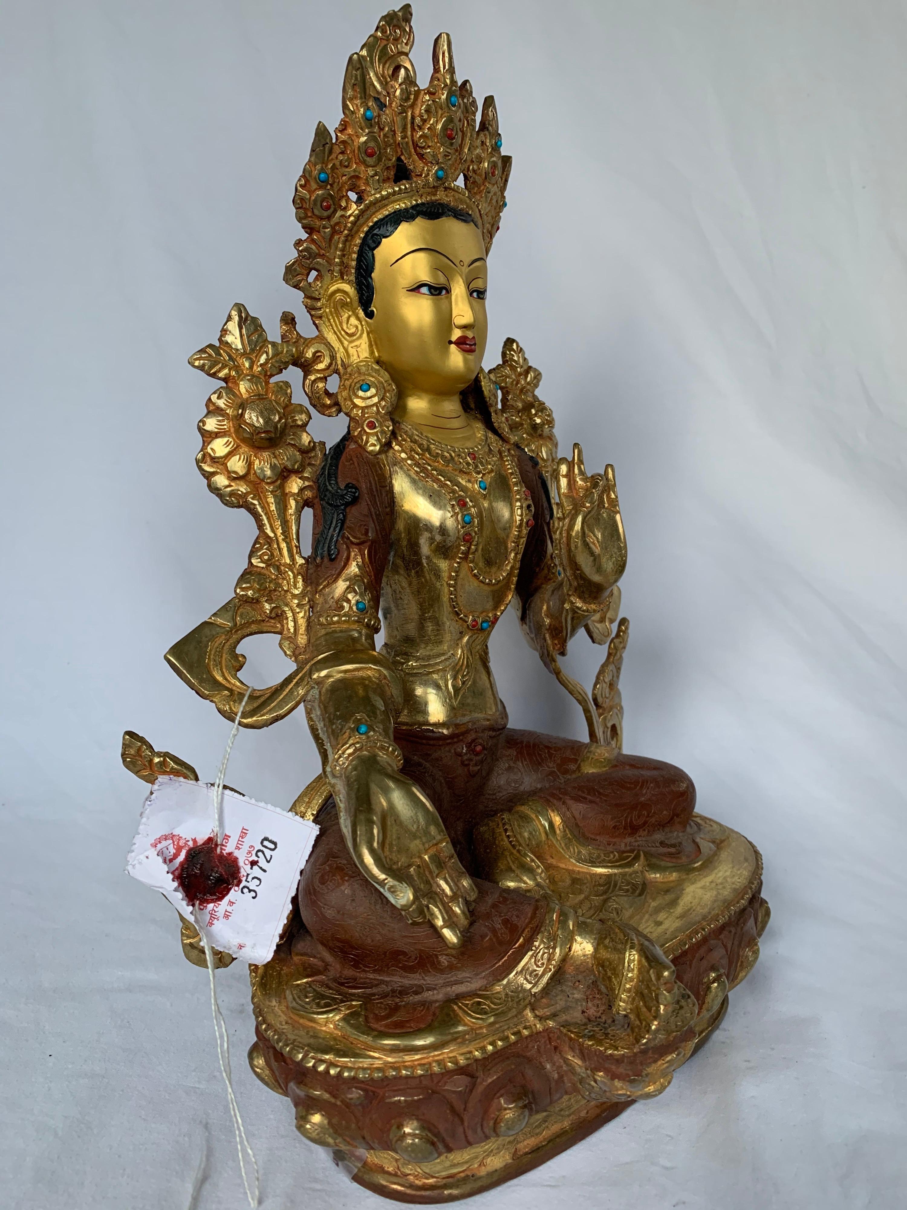 Green Tara Statue 12.5 Inch with 24K Gold Handcrafted by Lost Wax Process - Sculpture by Unknown