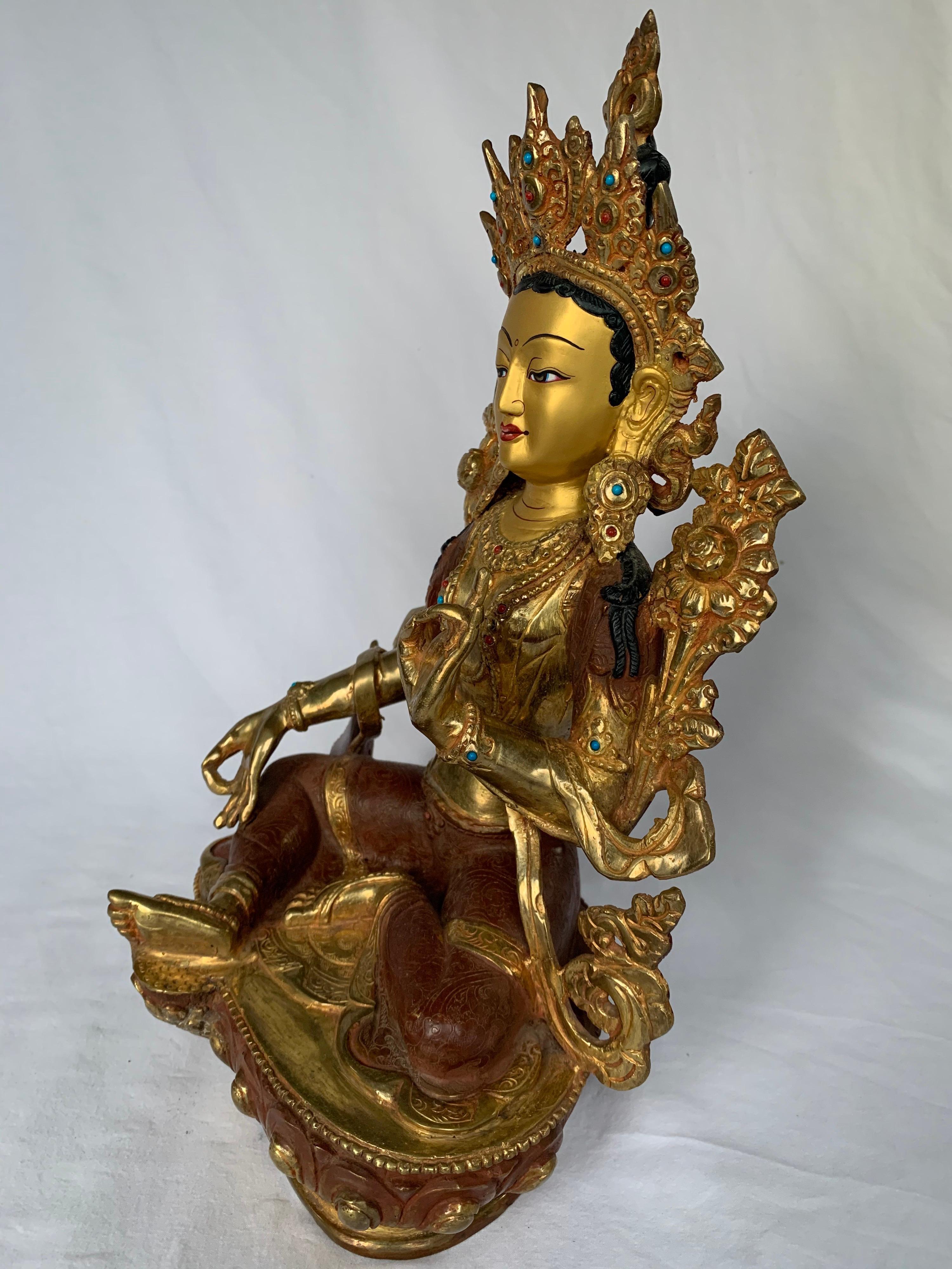 Green Tara Statue 12.5 Inch with 24K Gold Handcrafted by Lost Wax Process - Other Art Style Sculpture by Unknown