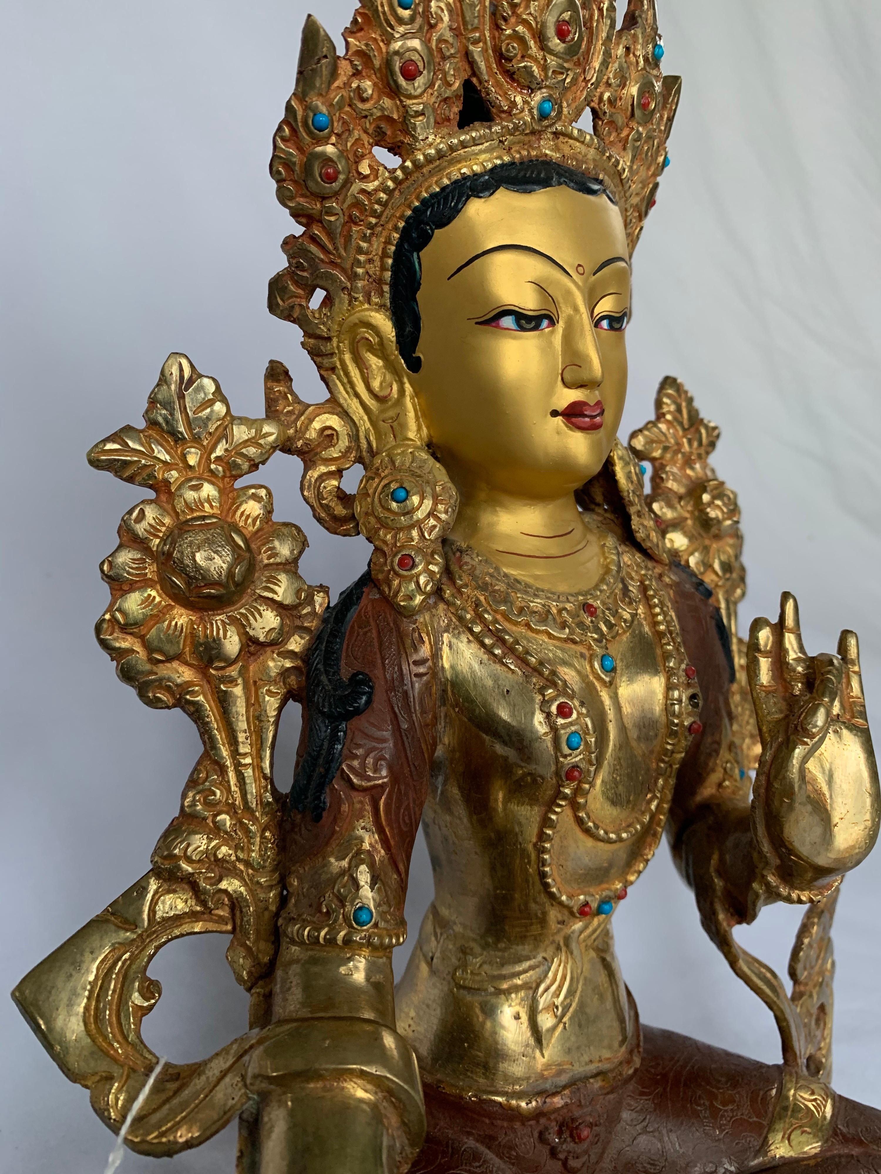 Green Tara Statue 12.5 Inch with 24K Gold Handcrafted by Lost Wax Process For Sale 1