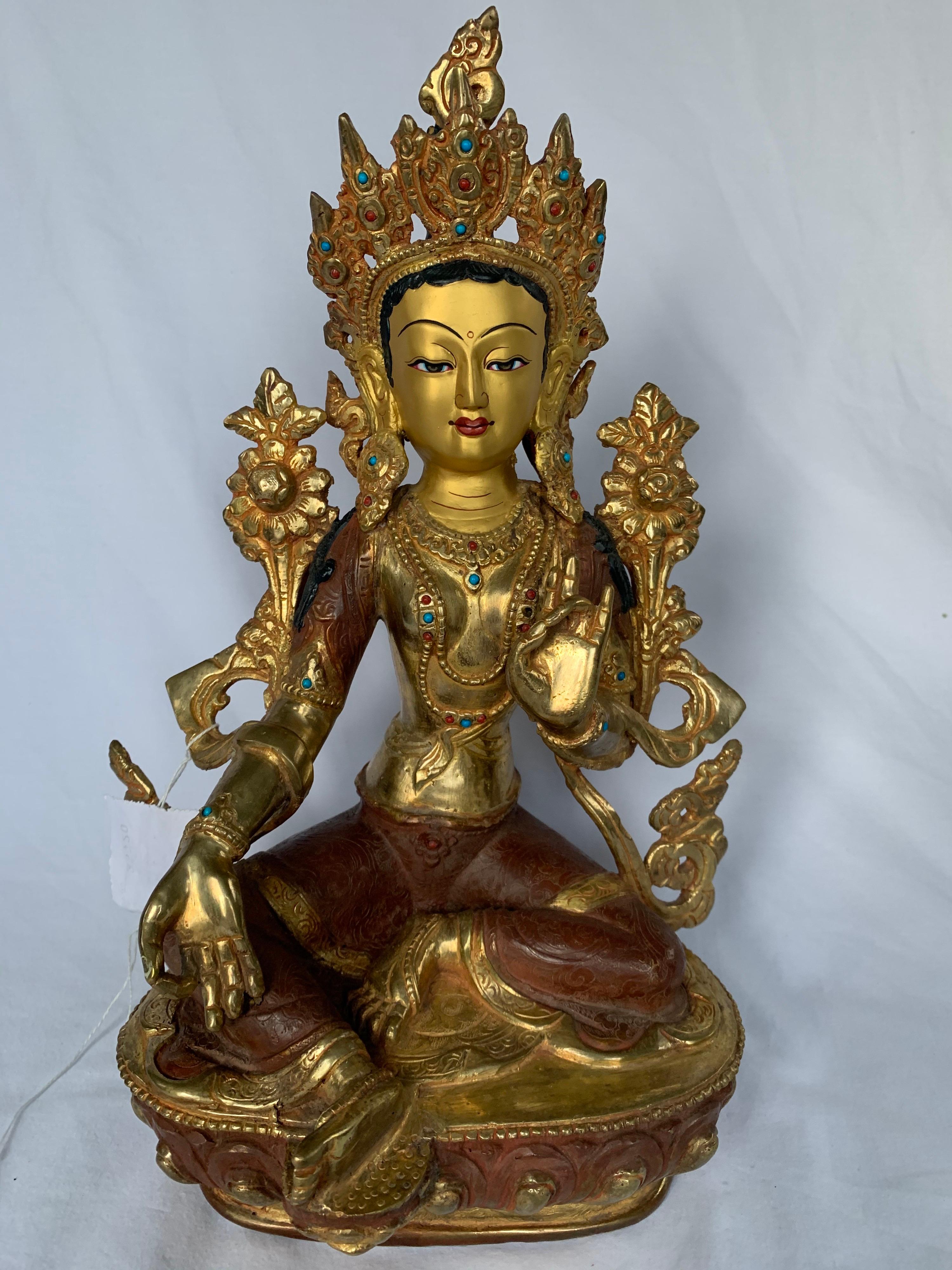 Green Tara Statue 12.5 Inch with 24K Gold Handcrafted by Lost Wax Process