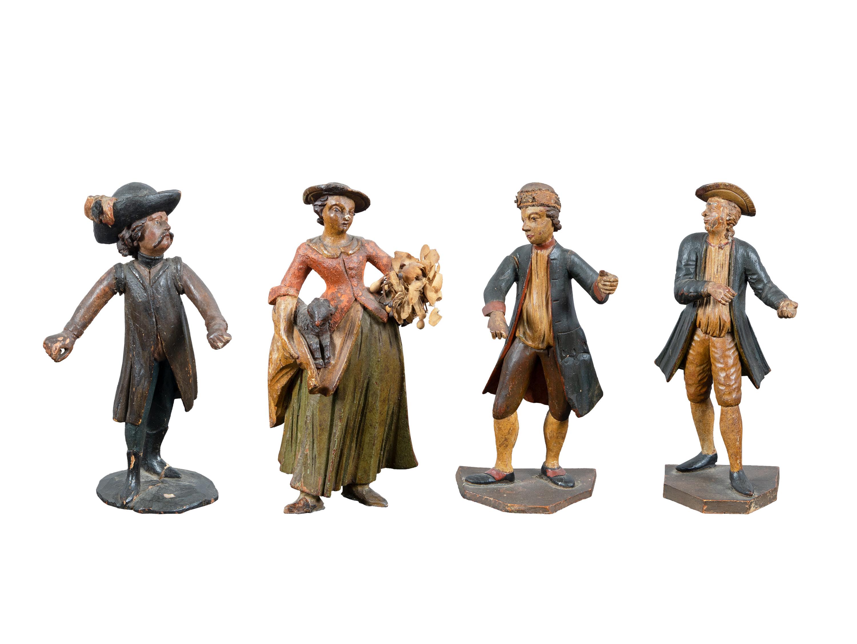 Gruppe von vier venezianischen Holzskulpturen aus dem 18. Jahrhundert – Venedig, bemalt und geschnitzt