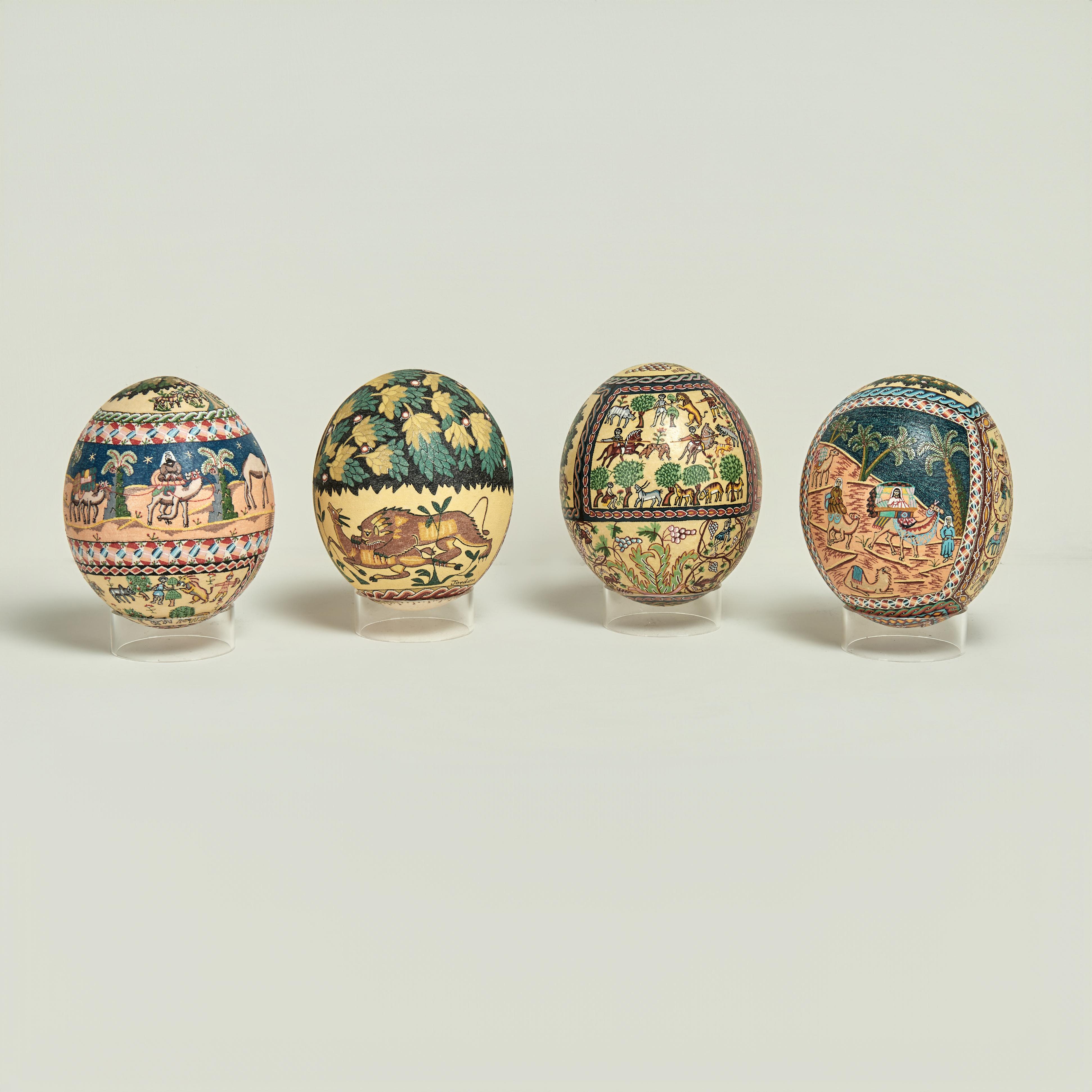 Group of Four Vintage Moroccan Decorated Ostrich Eggs