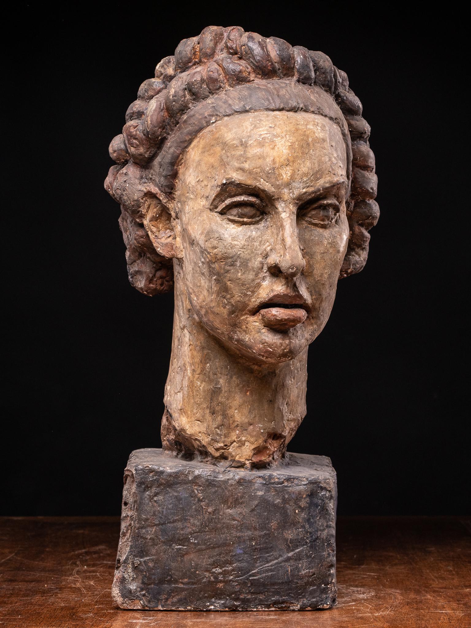 Gustave Fontaine, Skulptur eines polychromierten weiblichen modellierten Kopfes.